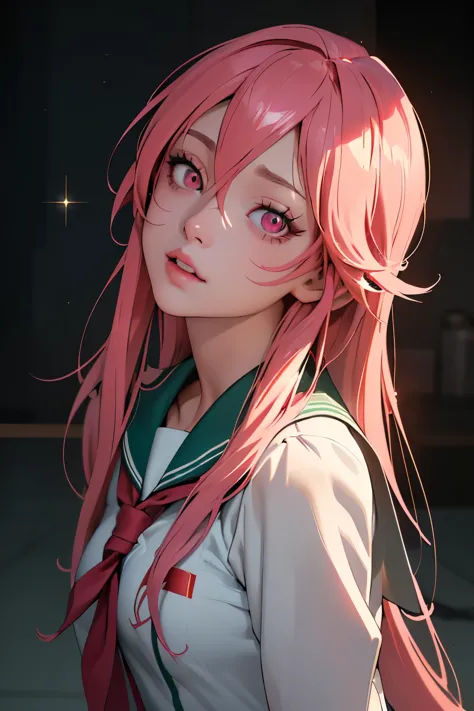 (((1girl))), (((waifu, mirai nikki, yuno gasai waifu))), (((hot pink hair, long hair))), ((blood red eyes eyes:1.3, upturned eye...