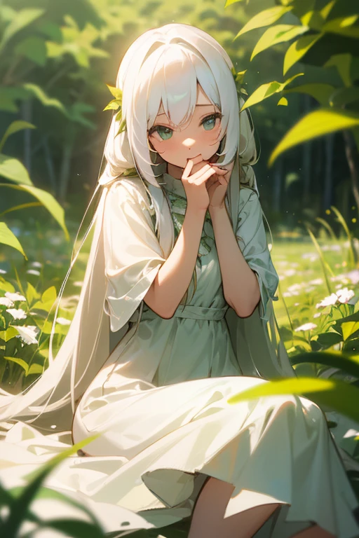 (masterpiece, best quality),1girl with long white hair sitting in a field of green plants and flowers, her hand under her chin, warm lighting, white dress, blurry foreground,