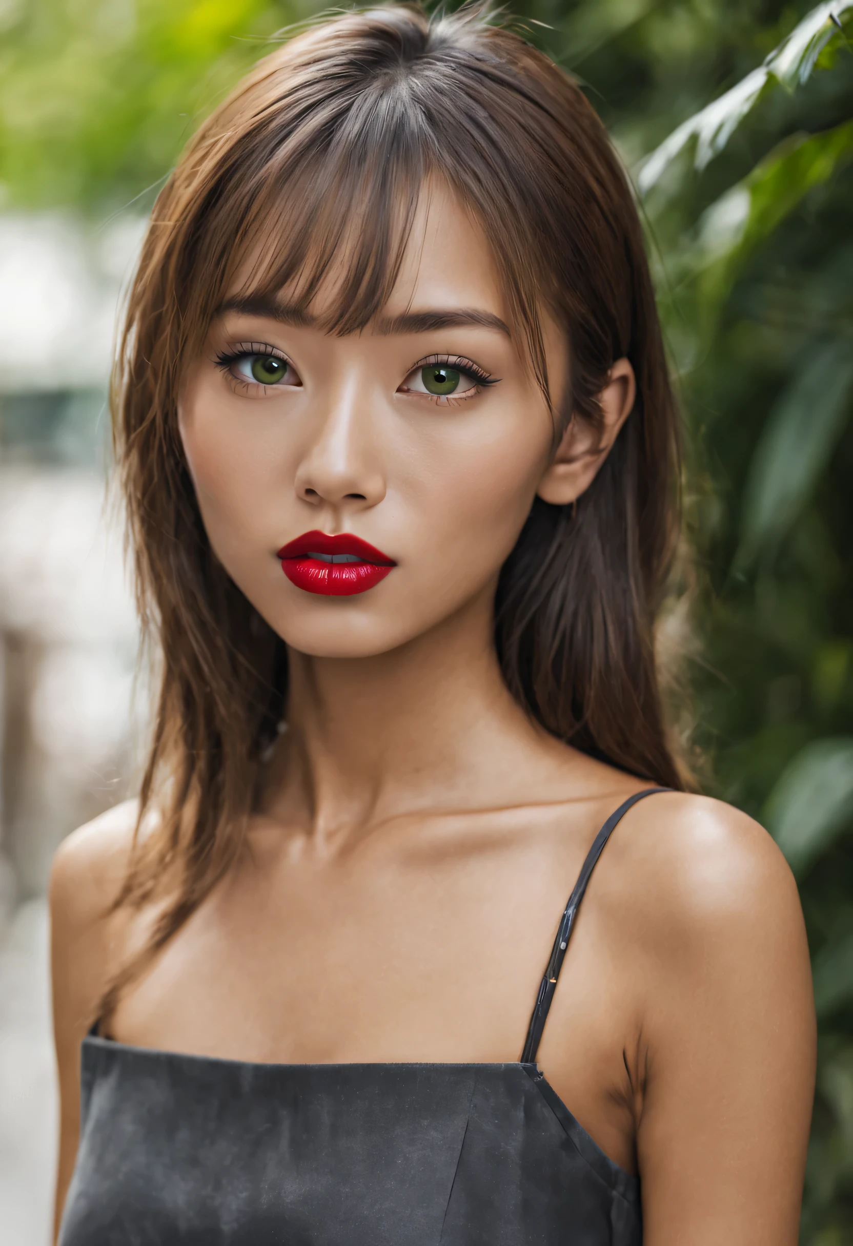 A close up of a woman with a red lipstick and a black dress - SeaArt AI