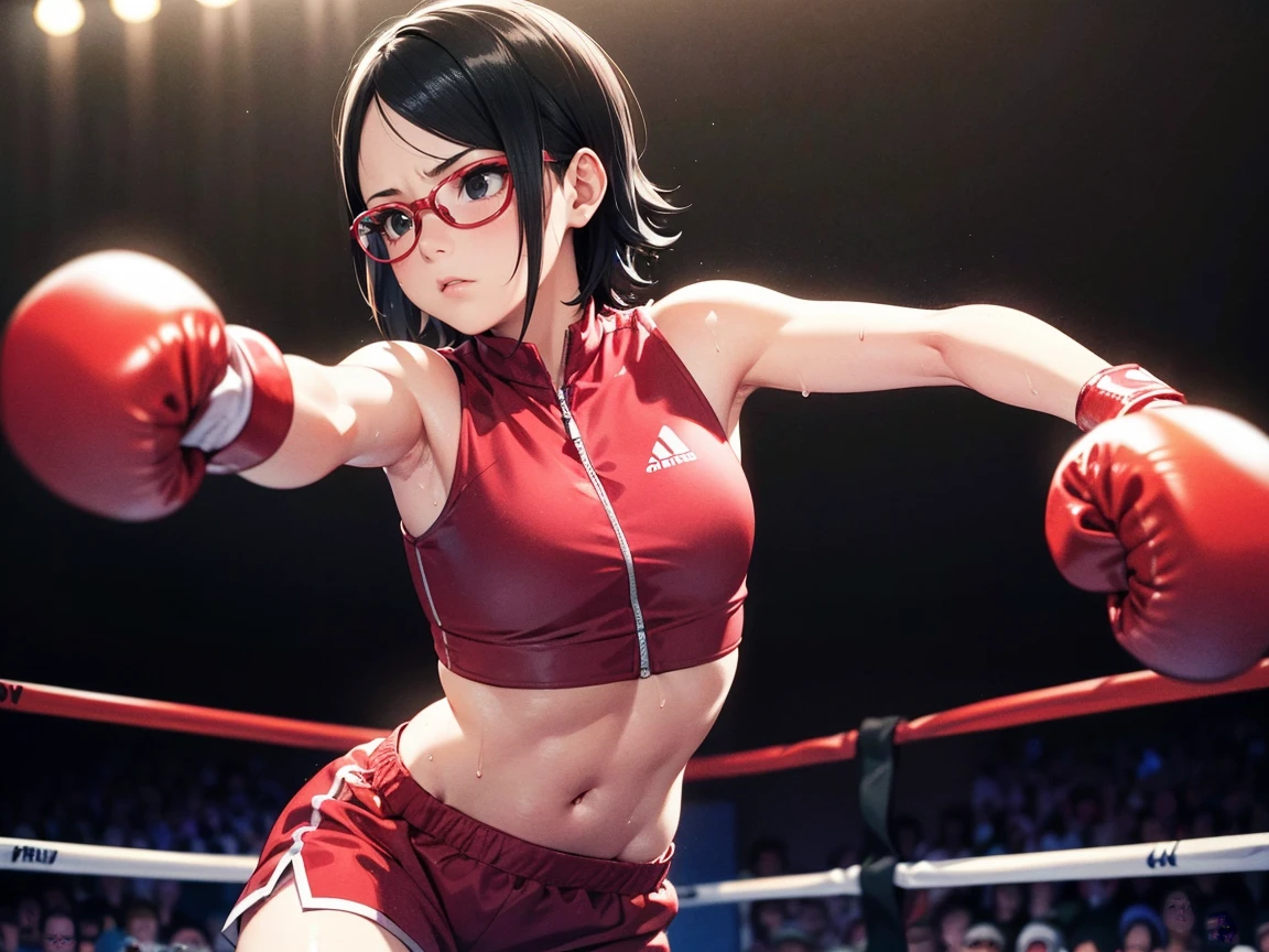 (Original) , (very detailed wallpaper) , (best quality) , (artwork) ,fighting posture, artistic dedication, very detailed illustrations, (1 girl) , beautiful eyes, (Delicate Face) , perfect detail, (better lighting) , (super complex details) , ((Alone,Sarada Uchiha, wearing glasses, short hair, serious facial expression, staring, confident)) , (aggressive punch) , sweat, Heavy breathing, (oppressive attack) , (Boxing ring ), athletic shorts, perfect detail, perfect fingers, perfect limbs, impact, (glossy skin), abdomen, fitness, muse, posing, photo shoot, artistic shoot, fascinating, charming, waist, boxing shorts, fight, black hair, short hair, short black hair, 4K, black eyes, (magnificent,detailed: 1.2) , (8k: 1.2) , stunning,charming,makeup,small