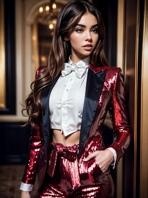 gorgeous woman (Madison Beer) with long wavy brown hair (wearing a red sequin tuxedo suit:1.15), ((white bowtie:1.14)), gorgeous...