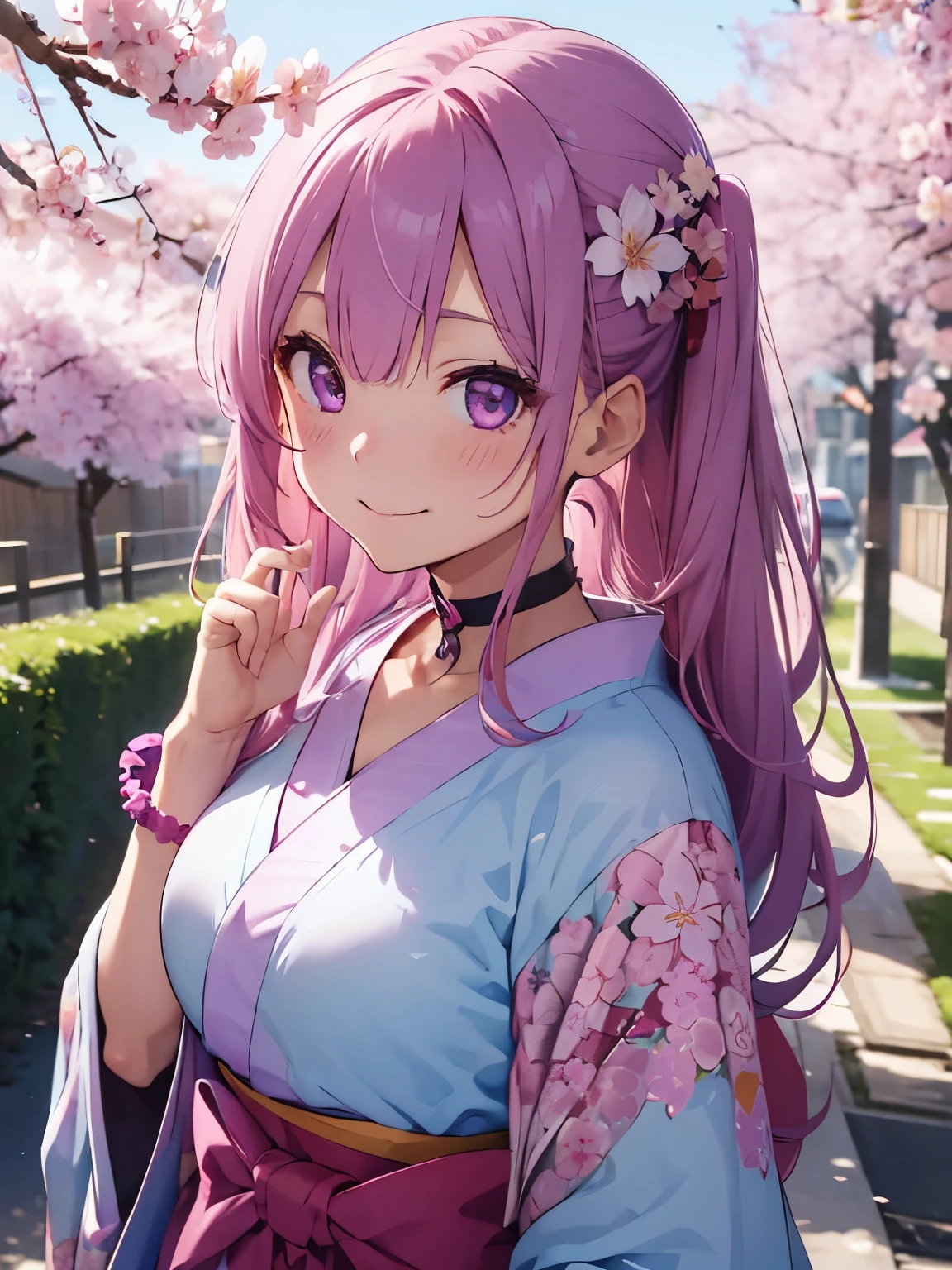 1 girl、solo、blush、smug face、smile、purple eyes、choker、gradient eyes、No pupil、Multicolor hair、pink hair、blue hair、long hair、Sangomiya Kokomi、((kimono))、outdoor、cherry blossomsの木、cherry blossoms、facing viewer、Front view