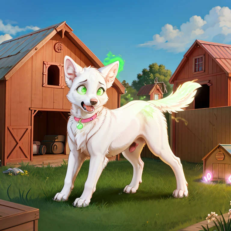 shocked feral Female dog with White fur wearing pink collar and glowing Green eyes standing on all fours there are some traces of magic floating around her she is outside near the doghouse in the background there is a house and a stable