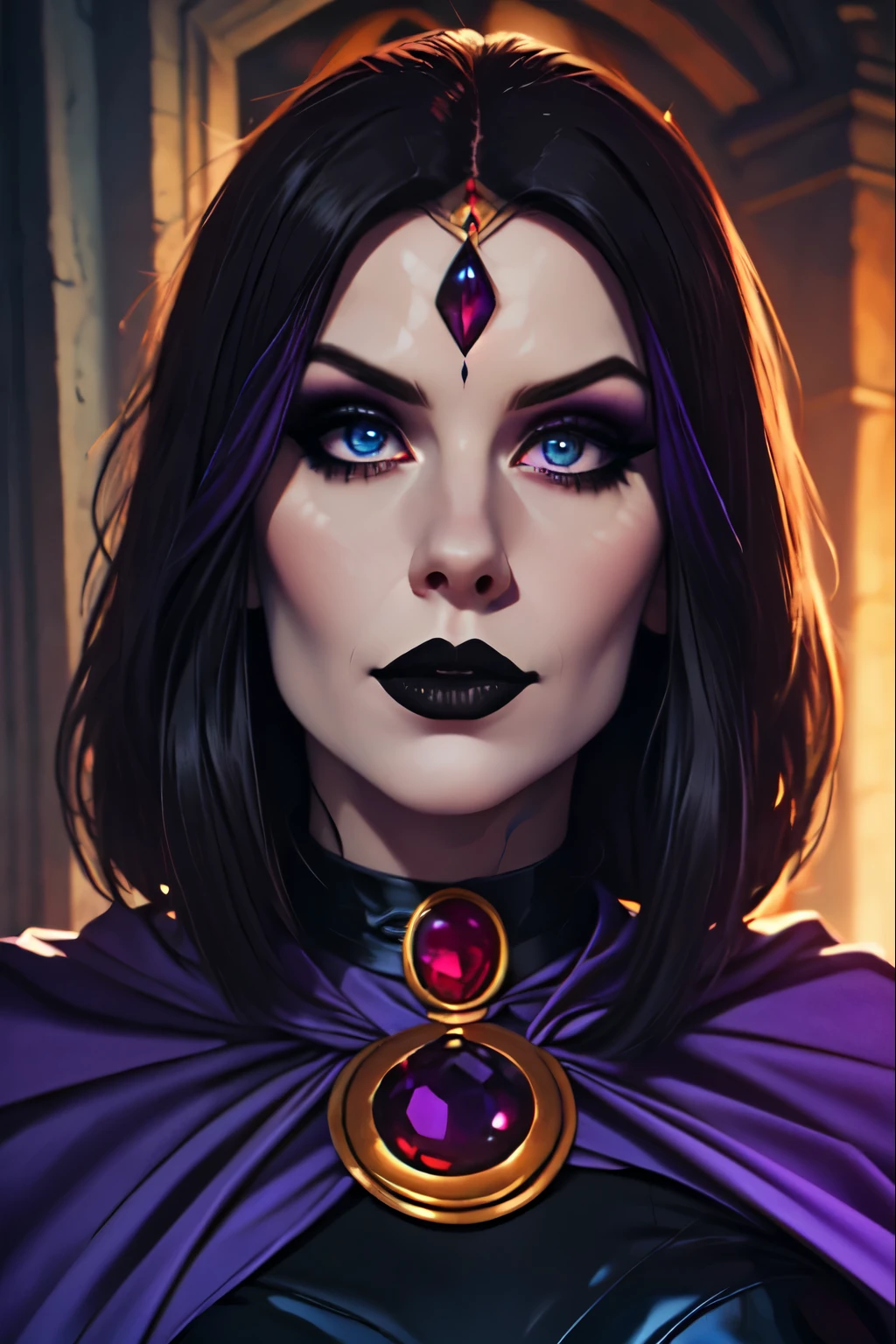 (Best Quality, 8k, Masterpiece, UHD), (Photo of Attractive Caucasian Gothic model Woman with tattoos), solo 1Girl as Raven, ((gemstone on forehead)), heavy makeup ,  cape, choker,very pale skin,Ultra Detailed Face, Detailed Lips, Fine Eyes, black lipstick, Fine Eyes