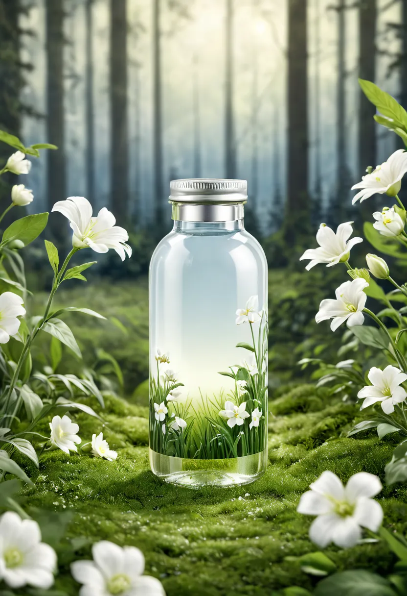 no humans,flower,depth of field,depth of field,leaf,scenery,nature,white flower,realistic,plant,still life,grass,outdoors,bottle...