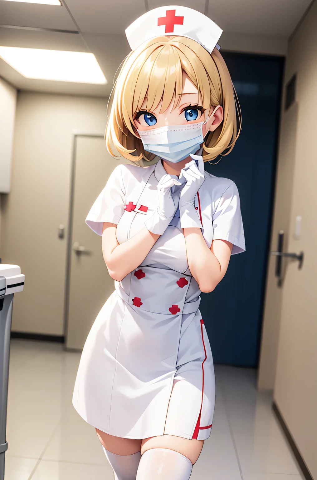 1 female, alone, nurse, nurse cap, Whiteware, ((white legwear, zettai ryouiki)), white gloves, blonde hair, blue eyes, ((White surgical mask, Covered nose)), Are standing, ((hospital room)), sharp outline, short sleeve, mature woman, 35 years old, highest quality, masterpiece