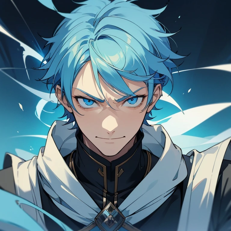 1 boy, light blue hair, blue eyes, black noble cloth, calm face, handsome male guy, masculine, old boy, grown man, 28 years old, bored face, man, big male, villain, smile, short hair, missy hair, crazy face