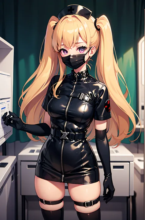 black nurse, 1 girl, alone, black nurse cap, Black Wear, ((black legwear, zettai ryouiki)), black elbow gloves, twin tails, yell...