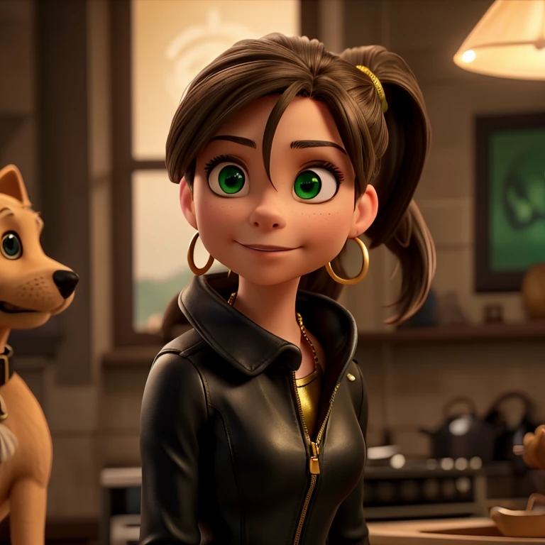 Kristin Kreuk with ponytail, green eyes, golden looped earrings, dog collar, in black leather pants. Looking at the spectator. Very detailed. Cinematic lighting. Chef d'oeuvre. Dynamic angle. beautiful landscape 