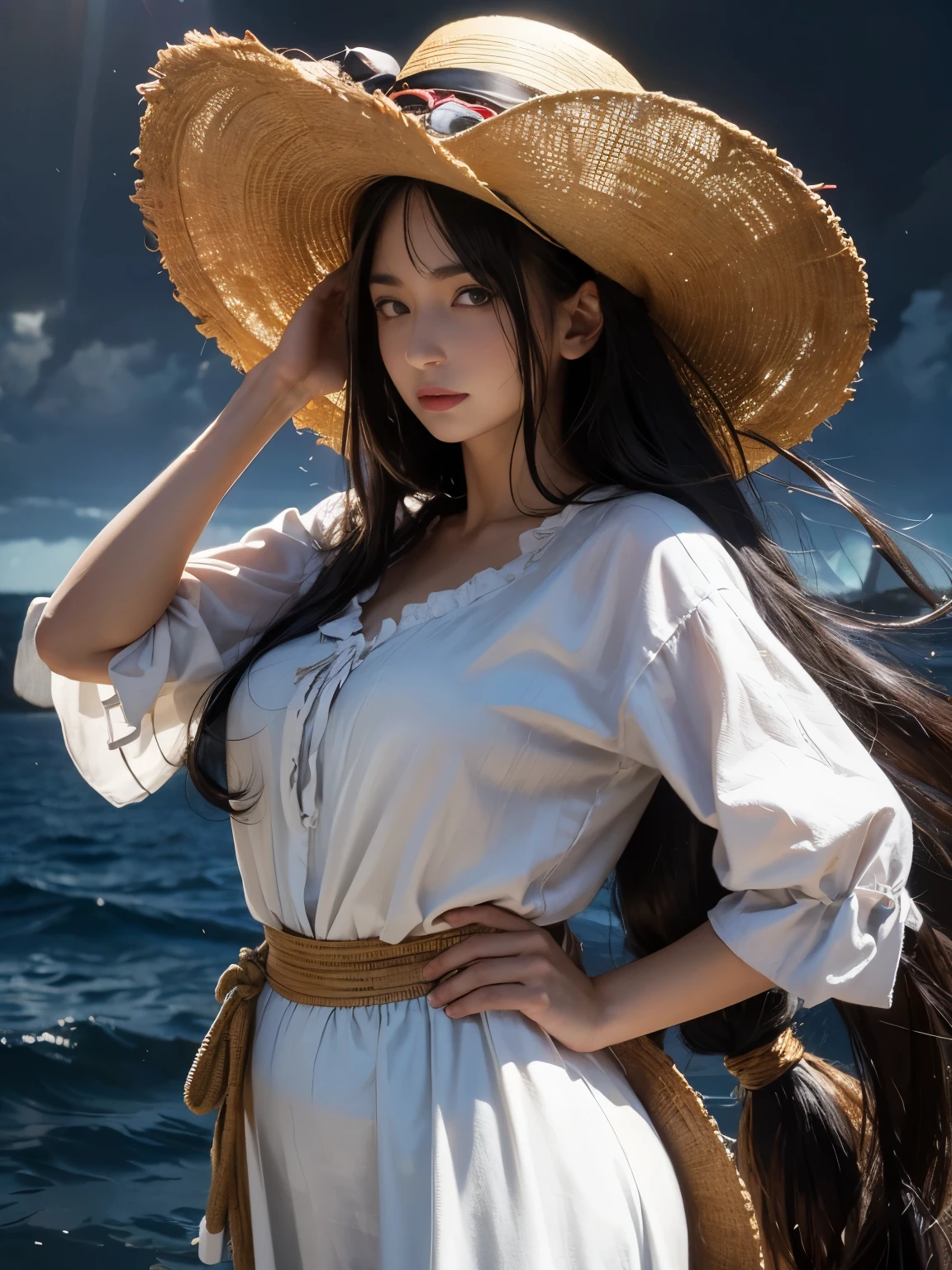 One Piece Anime Characters，nicole robin，latin american ancestors，wearing hawaiian style clothes，Preserve character details，wear a large-brimmed hat on your head，long flowing black hair，sea background，，fantasy art，realistic，dynamic lighting，art station，poster of，volume lighting，highly detailed face，4K，award-winning，，1 girl，in the dark，deep shadow，base，cowboy lens，（official outfit：1.4），white long hair，gray hair，