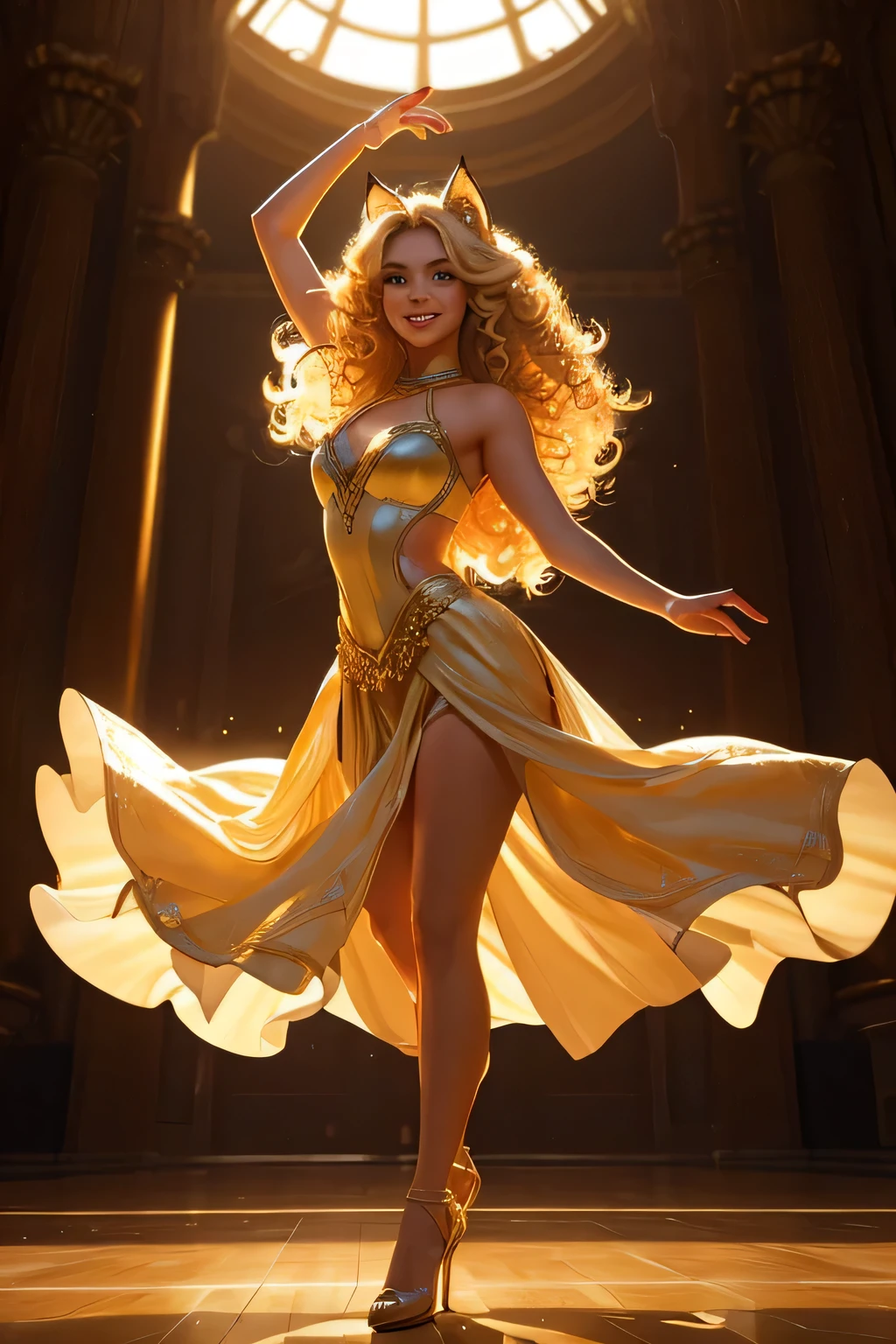 woman dancing in big shiny hall, full body portrait, blonde hair, curly hair, long hair, hair flower, raised eyebrows, fox ears, makeup, light smile, Social realism, depth of field, cinematic lighting, glowing light, atmospheric perspective, lens flare, f/16, masterpiece, anatomically correct, textured skin, super detail, highres