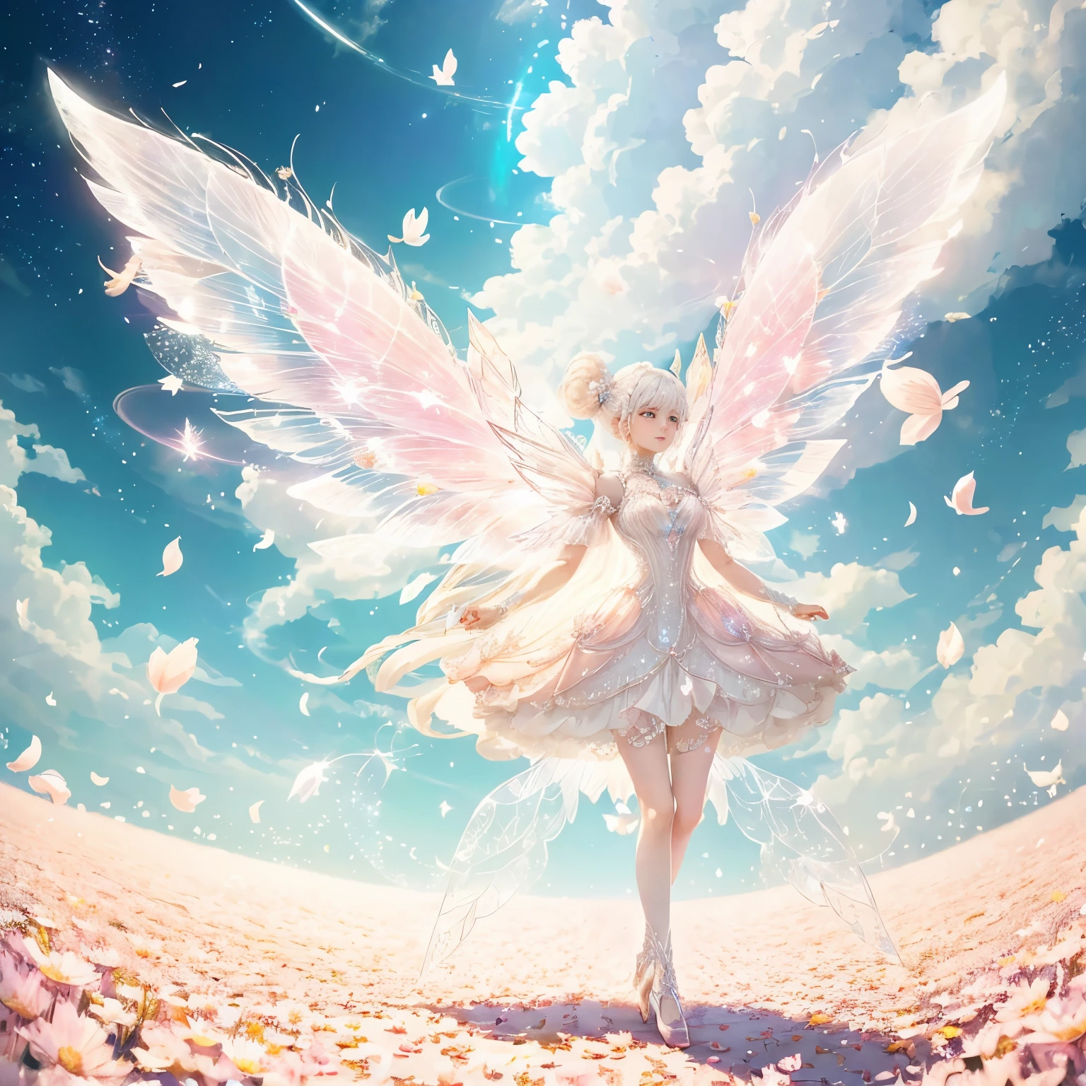 White-haired fairy wearing pink transparent sparkling diamond dress、on the sky，livestock，long legs，Symmetrical wings,magic（（（petals flying all over the ground）））（（vaporwave aesthetics））（best quality））， （（intricate details））， （（Surrealism））（8k）