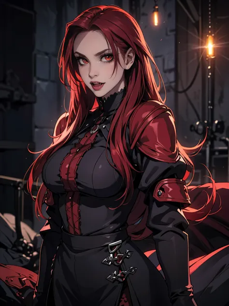 High vampire female, pale, goth Renaissance, red hair, long hair, intricate, dark dress, glowing eyes, fantastical, vampire, fan...