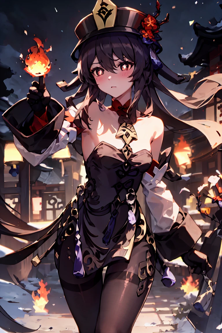 hired\(genshin impact\), 1 girl, Ahoge, architecture, bangs, bare shoulders, bell, black gloves, black tights, ((dark brown hair), blush, chest, chinese knot, the sleeve, East Asian architecture, flower knot, glove, long hair, looking at the audience, 中chest, neckbell, night, outdoor, pantyhose, purple eyes, sideburns, alone, tassel, white the sleeves, ((masterpiece)),LoRa（Only Ganyu&#39;s costume is for reference.）,Black hat,A fireball is floating