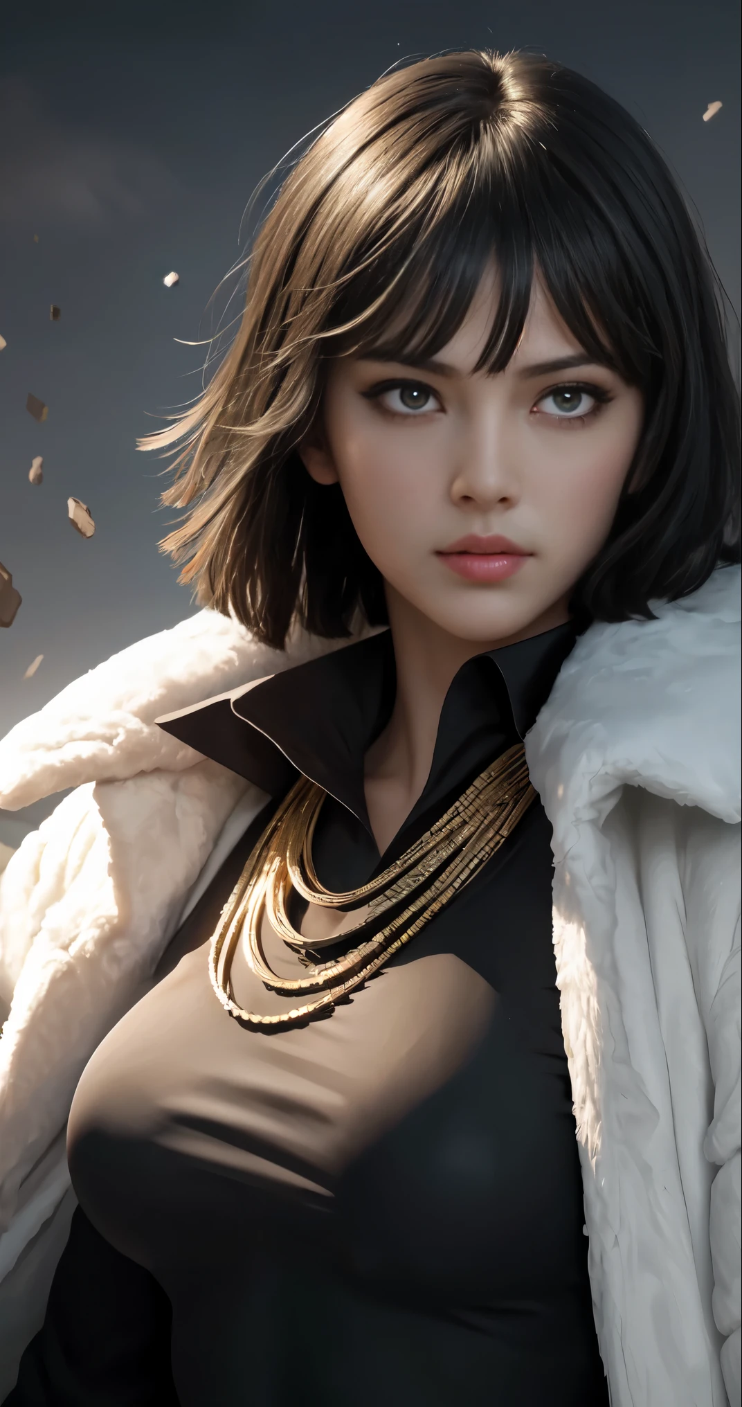 FUBUKI, (BLACK HAIR), Straight hair, TAUT CLOTHES, FUR COAT, JEWELRY, NECKLACE, long face, short hair, straight hair, (photorealistic:1.2), (masterpiece), best quality, (detailed face:1.4), raw photo, ultra realistic 8k, perfect artwork, (background violent tornado and storm :1.2),BREAK, photography,masterpiece,best quality,HDR,highres,realistic details,8K,HDR,highres,absurdres,1girl fly in the air, fubuki,expressionless, tiny breasts,masterpiece,ultra realistic,32k,extremely detailed CG unity 8k wallpaper, best quality