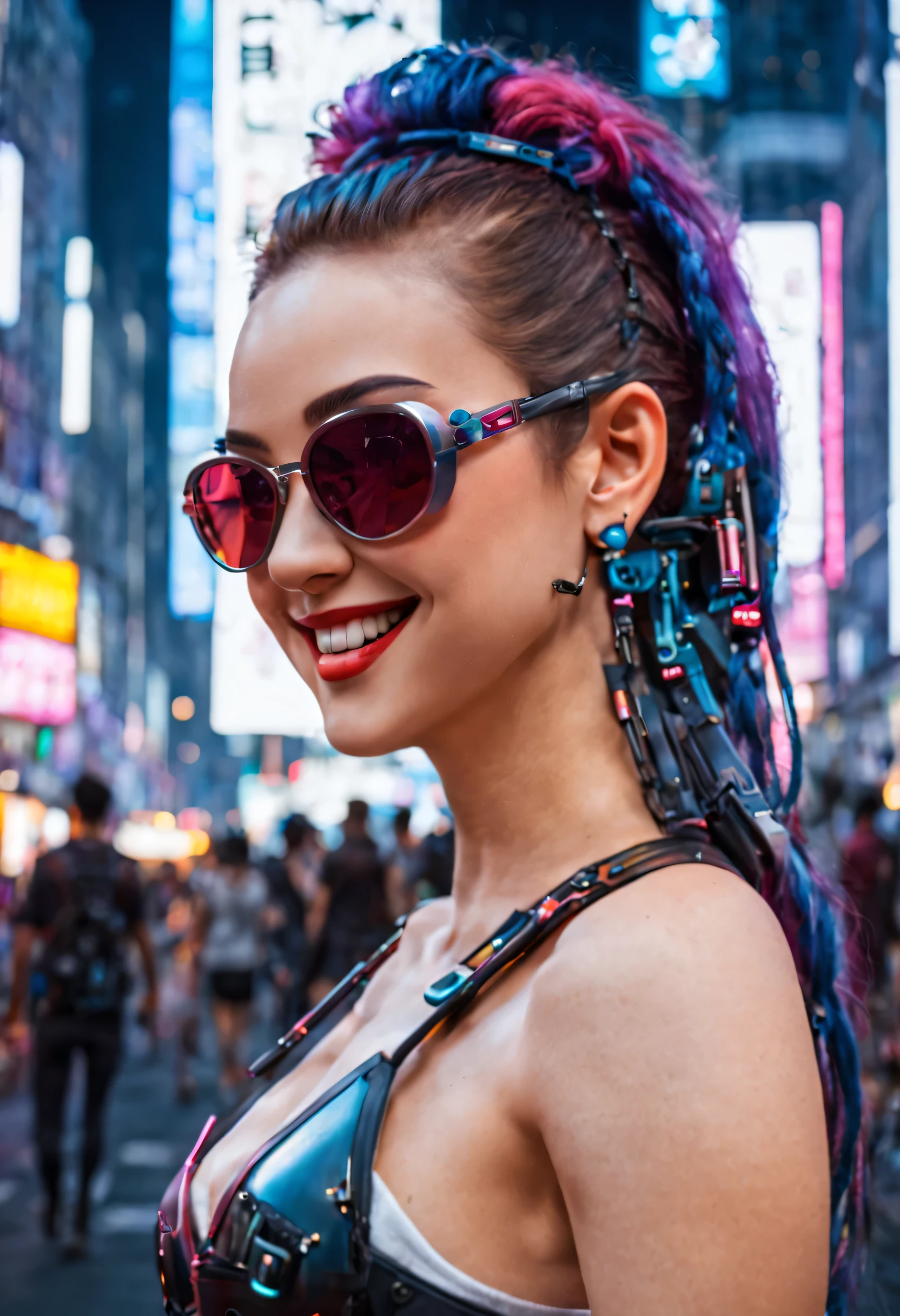 Obra de arte, melhor qualidade, ((sorridente)) garotas cyberpunk em pé, oculos de sol,  vista lateral, Arnês cyberpunk inspirado em Harajuku, cores e padrões ousados, acessórios atraentes, penteado moderno e inovador, deslumbrante paisagem urbana Cyberpunk, arranha-céus, sinais de néon brilhantes, Luzes LED, ilustração de anime, textura detalhada da pele, textura detalhada de pano, lindo rosto detalhado, Detalhes intrincados, ultra detalhado, iluminação cinematográfica, forte contraste. INFO
