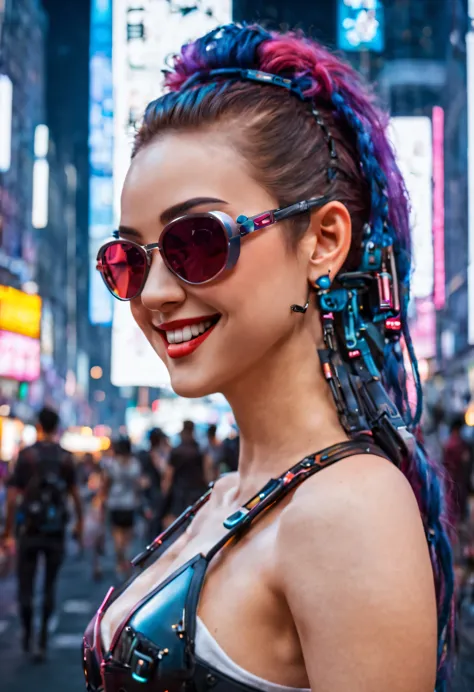 masterpiece, best quality, ((smiling)) cyberpunk girls standing, sunglasses,  side view, Harajuku-inspired cyberpunk body harnes...