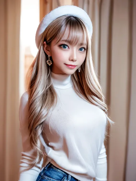 very beautiful Asian girl,alone,mature woman,路上でalone,white turtleneck long sleeve sweater,denim short,shiny black sea hat(This ...