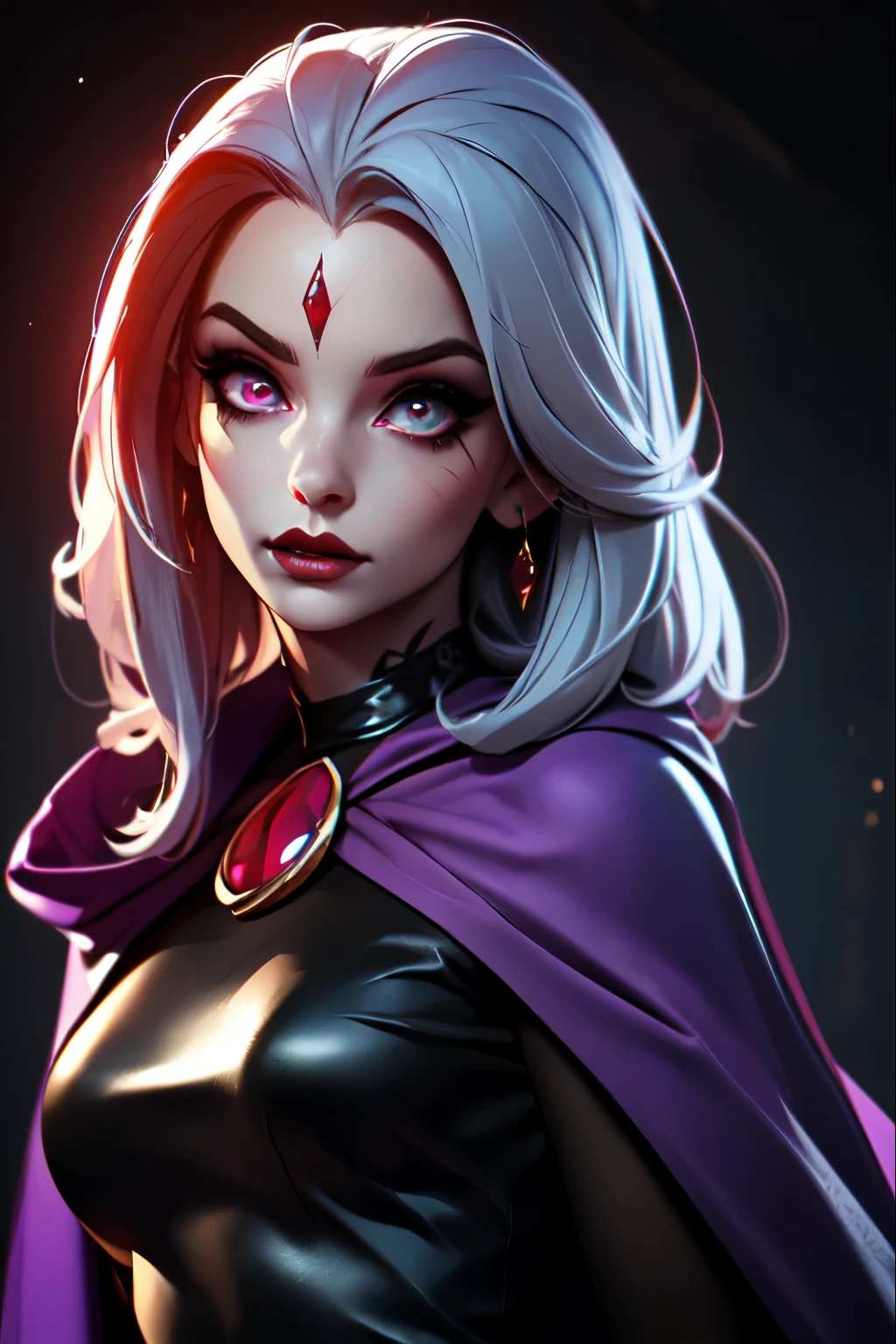 (Best Quality, 8k, Masterpiece, UHD), (Photo of Attractive Caucasian Gothic model Woman with tattoos), solo 1Girl as Raven, ((gemstone on forehead)), heavy makeup ,  cape, choker,very pale skin,Ultra Detailed Face, Detailed Lips, Fine Eyes, black lipstick, Fine Eyes