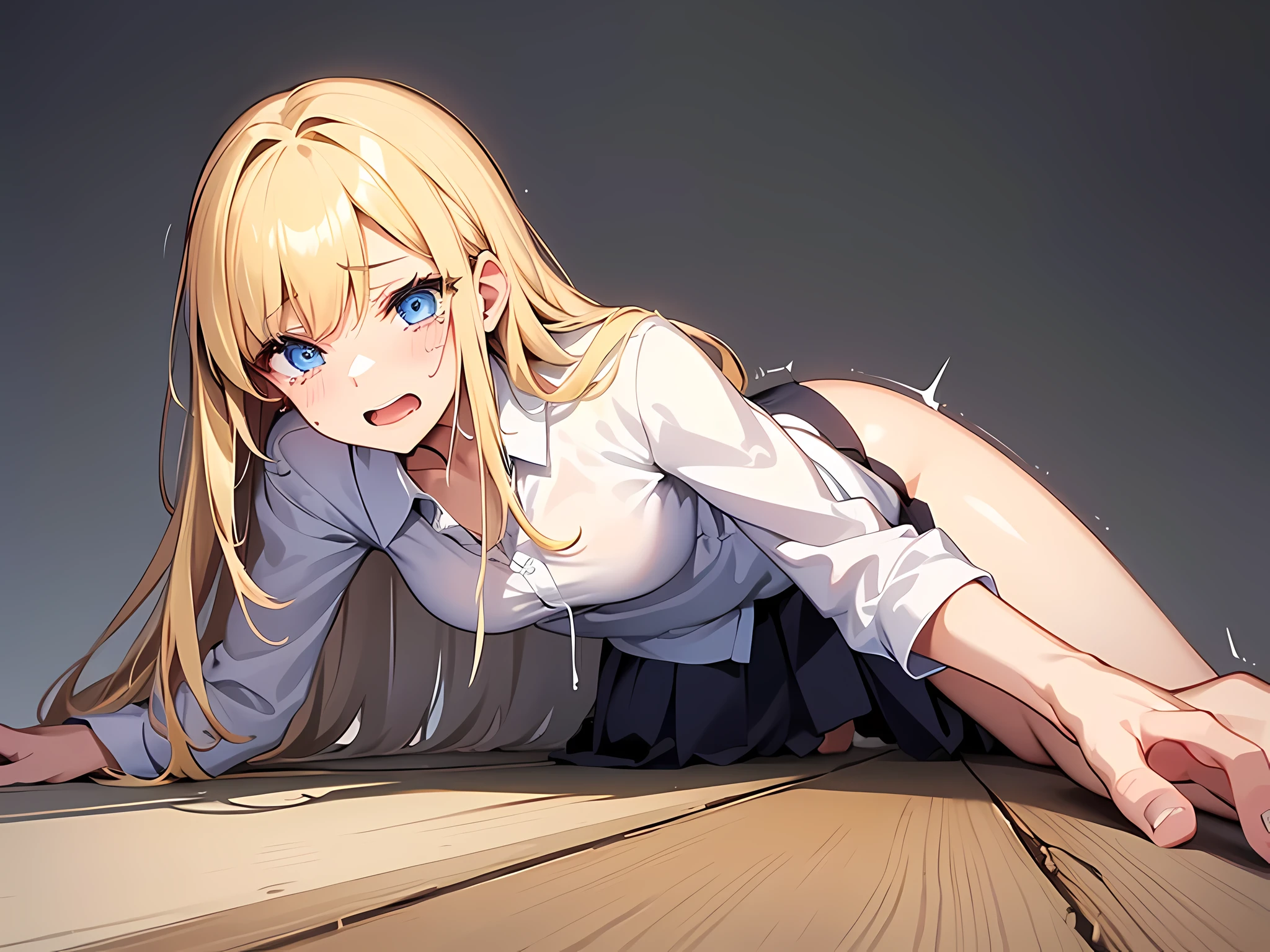 Anime girl laying on a wooden floor with her legs crossed - SeaArt AI