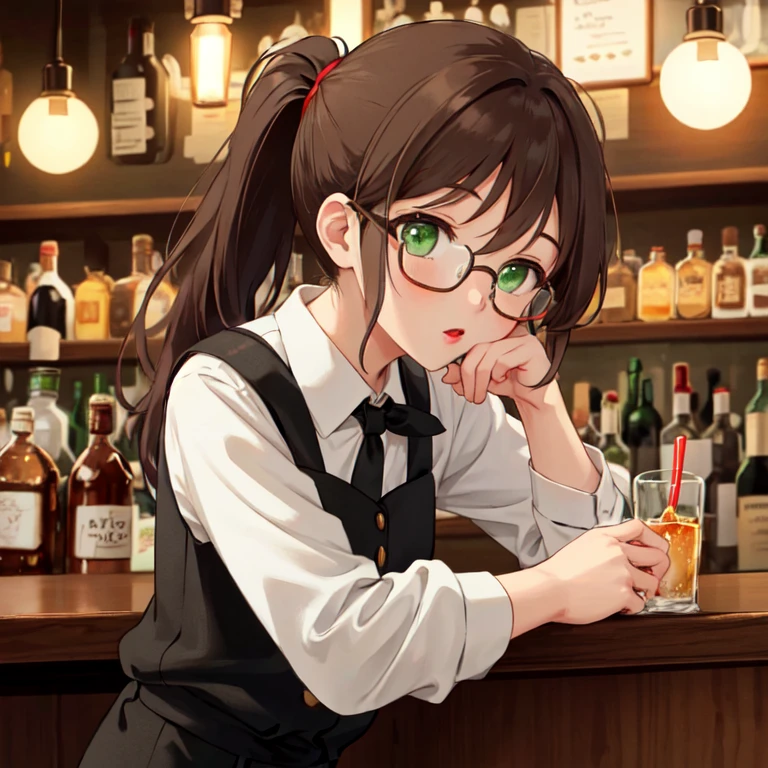 1girl, solo, super fine illustration, an extremely delicate and beautiful, best quality, long hair, brown hair, ponytail, 20s, green eyes, looking at the man, surprised, red lips, white shirt, black vest, black skirt, ice cream cone, whiskey bottle, bar counter, bar stool, glasses, bottles, neon lights, dark, night, indoor, close-up, kiss, punch, chaos.