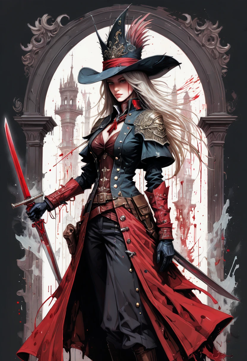 highly detailed linework reminiscent of Carne Griffiths, imbued with Wadim Kashim's bold color and texture, light and airy as Carl Larsson's compositions, dark background, (powerful lady maria:1.5), bloodborne, very beautiful, holding a sword, red aura, dark magic splash, magic, books, gothic, dark, evil, castle, white hair, blood, featuring Pascal Blanche-style hyper-realistic characters, pastel, elegance, dramatic lighting, expressive camera angle, matte, concept art 