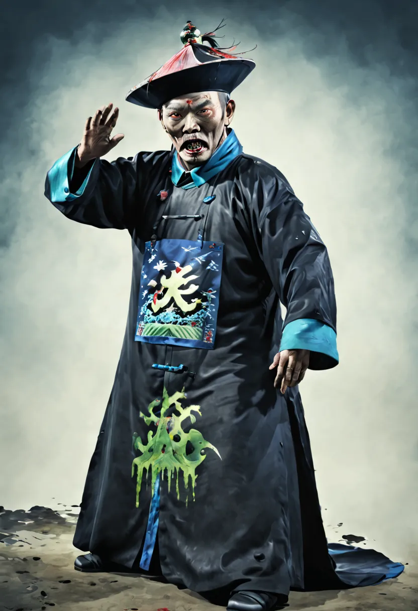 A tall big terrifying Qing Dynasty zombie wears zombie_hat its both hands is up without loincloth and with the black Official un...