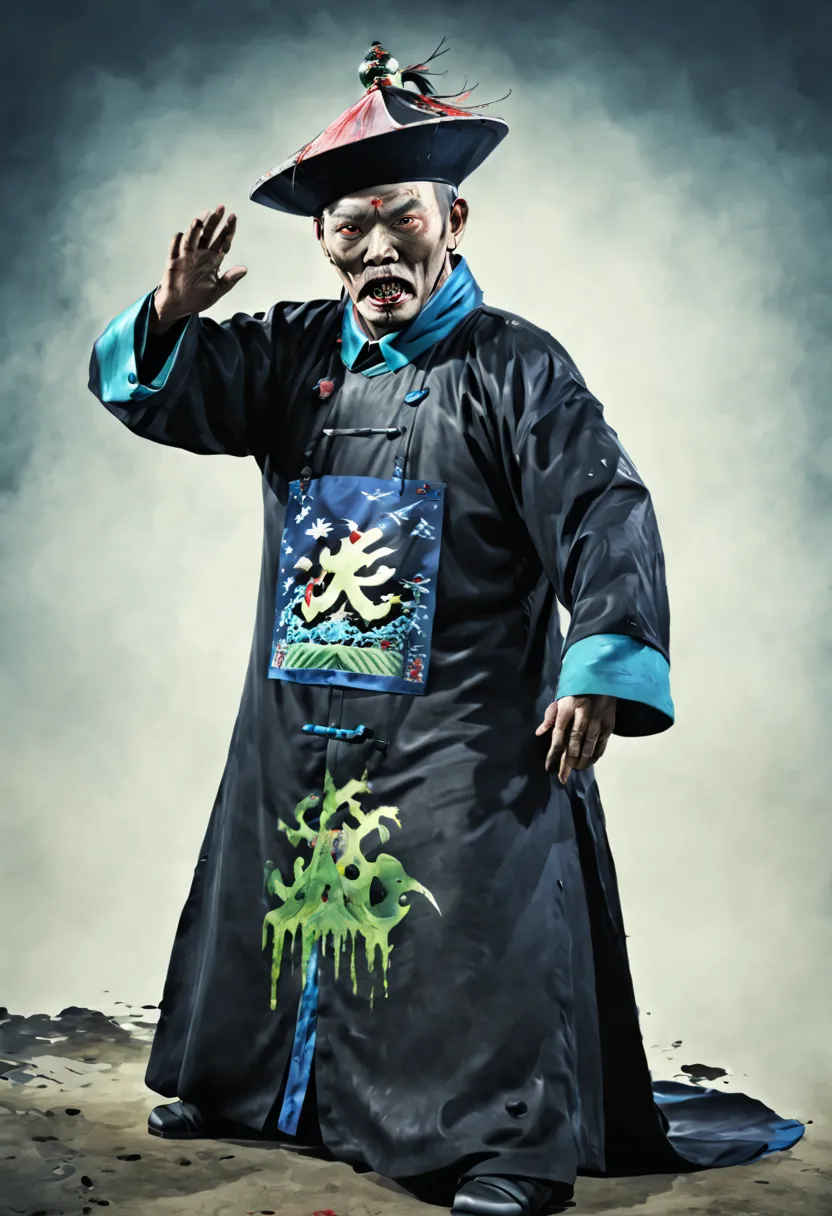 a tall big terrifying qing dynasty zombie wears zombie_hat its both hands is up without loincloth and with the black official un...