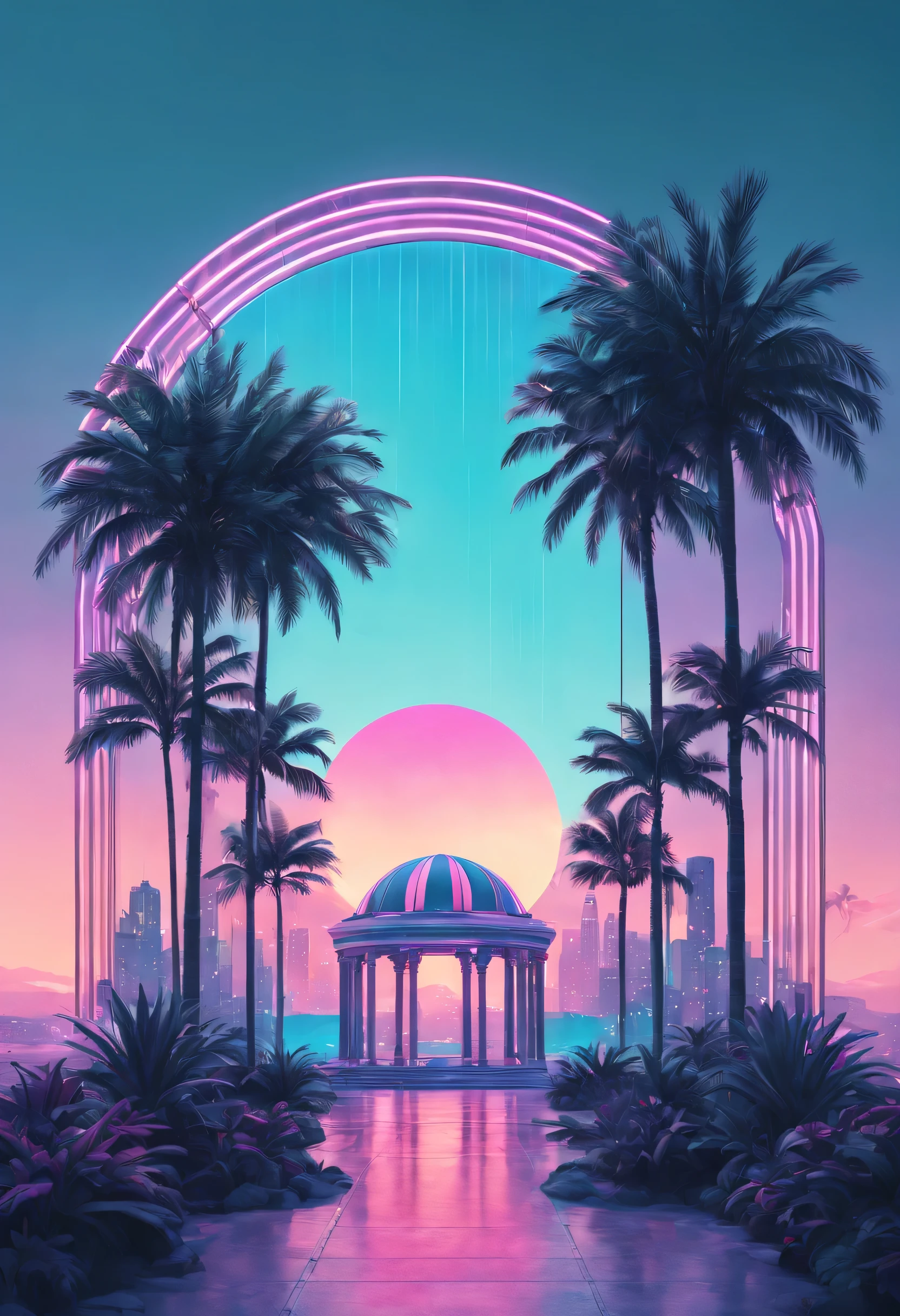 vaporwave aesthetics, psychedelic atmosphere, retro charm, dream nature, The splendor of Art Deco, Synthwave Palette, Soft neon glow, dreamlike surrealism, Soft focus cityscape, Geometric patterns, chrome decoration, 80s nostalgia, statuesque elegance, intricate line art, Marble texture, cybernetic plant, retro futuristic skyline, digital palm tree, Sunset refracted through prism gradient, Nostalgic VHS quality, floating geometric shapes, Ethereal synth soundtrack, virtual paradise, (best quality,4K,8k,high resolution,masterpiece:1.2), Super detailed, (actual,photoactual,photo-actual:1.37), (otherworldly beauty:1.1), holographic illusion, Visual echoes of a bygone era, (retro tech:1.1), (Luxurious decorative design:1.1), The past meets the future, (euphoric trance:1.1), Vaporwave Sculpture, digital flora, Light and light, (nostalgic euphoria:1.1), Vaporwave Fantasy, (elegant symmetry:1.1), soft neon spectrum