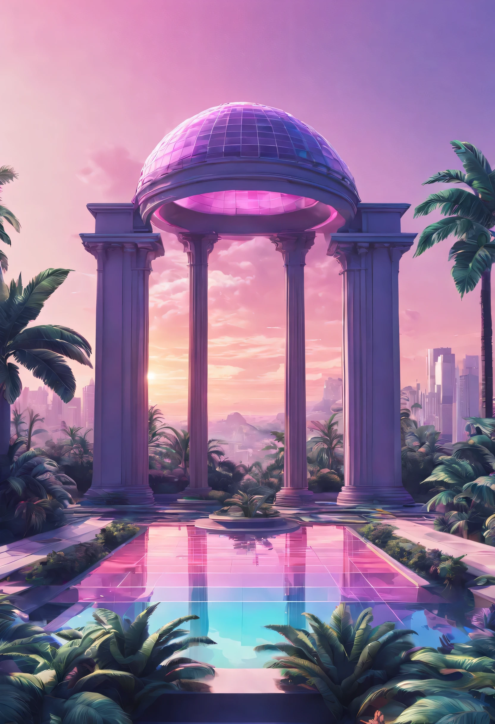 vaporwave aesthetics, psychedelic atmosphere, retro charm, dream nature, The splendor of Art Deco, Synthwave Palette, Soft neon glow, dreamlike surrealism, Soft focus cityscape, Geometric patterns, chrome decoration, 80s nostalgia, statuesque elegance, intricate line art, Marble texture, cybernetic plant, retro futuristic skyline, digital palm tree, Sunset refracted through prism gradient, Nostalgic VHS quality, floating geometric shapes, Ethereal synth soundtrack, virtual paradise, (best quality,4K,8k,high resolution,masterpiece:1.2), Super detailed, (actual,photoactual,photo-actual:1.37), (otherworldly beauty:1.1), holographic illusion, Visual echoes of a bygone era, (retro tech:1.1), (Luxurious decorative design:1.1), The past meets the future, (euphoric trance:1.1), Vaporwave Sculpture, digital flora, Light and light, (nostalgic euphoria:1.1), Vaporwave Fantasy, (elegant symmetry:1.1), soft neon spectrum