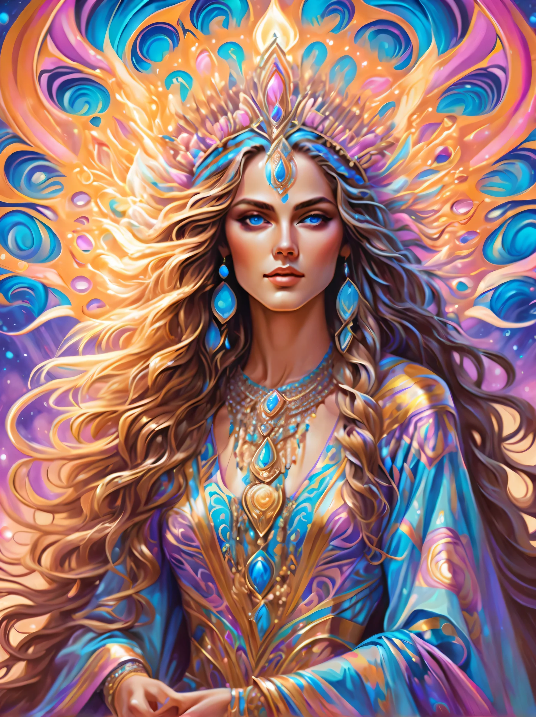 A surprisingly sacred goddess is depicted, Charming and seductive, flowing long hair, Shiny hair and enchanting beauty, glossy eyes, wearing an elaborate and elegant dress, Vaporwave aesthetic style, Embodying the essence of the background of psychedelic trance and vaporwave aesthetics, high resolution painting, A shining presence, costumes with intricate details, Exudes supreme elegance, transcendental charm, matte brush strokes,