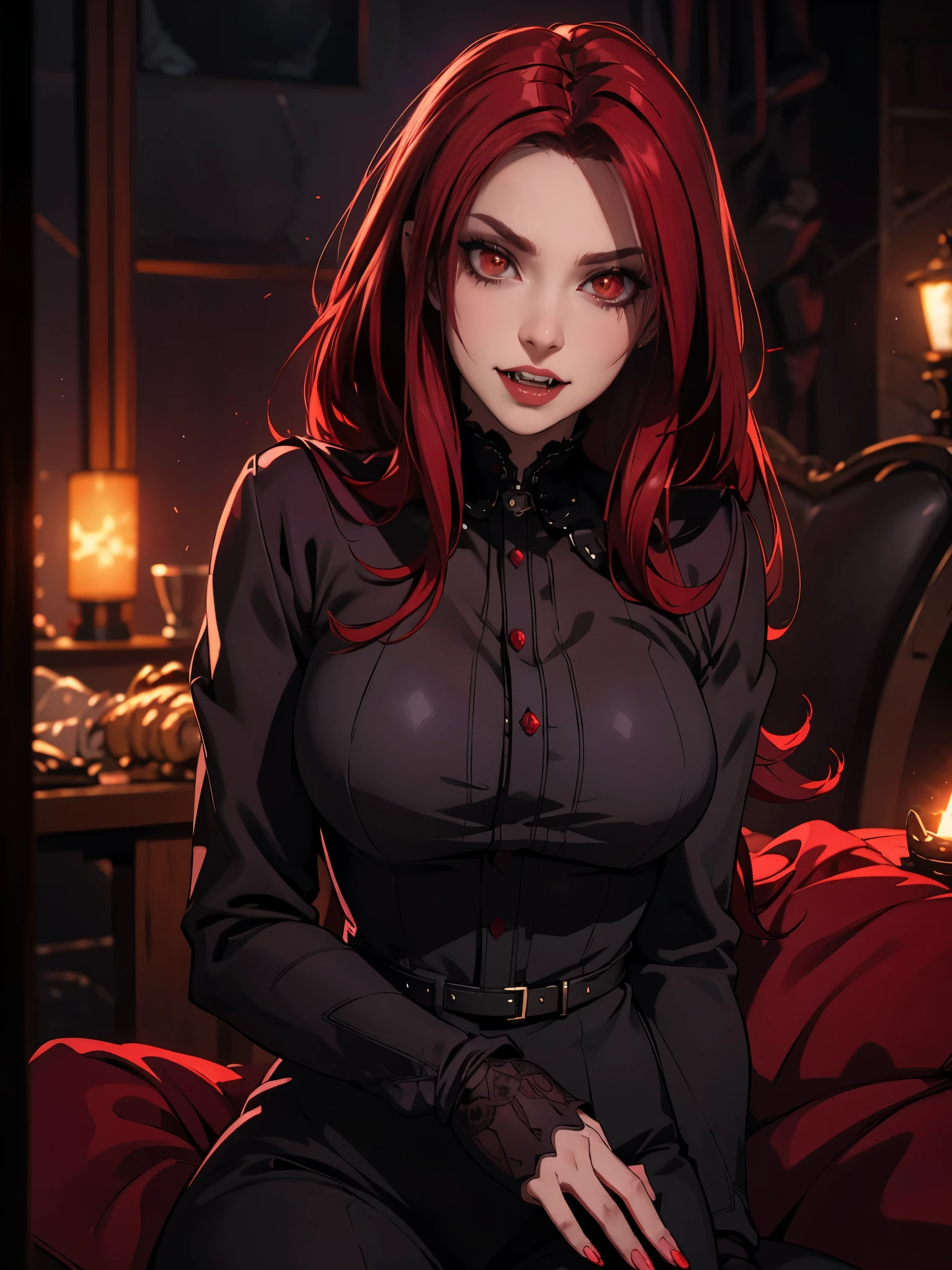 High vampire female, goth Renaissance, red hair, long hair, intricate, dark dress, glowing eyes, fantastical, vampire, fangs, hyper detailed, 32k resolution, volumetric lighting, hyper detailed, intricately detailed, Unreal Engine 5, volumetric lighting