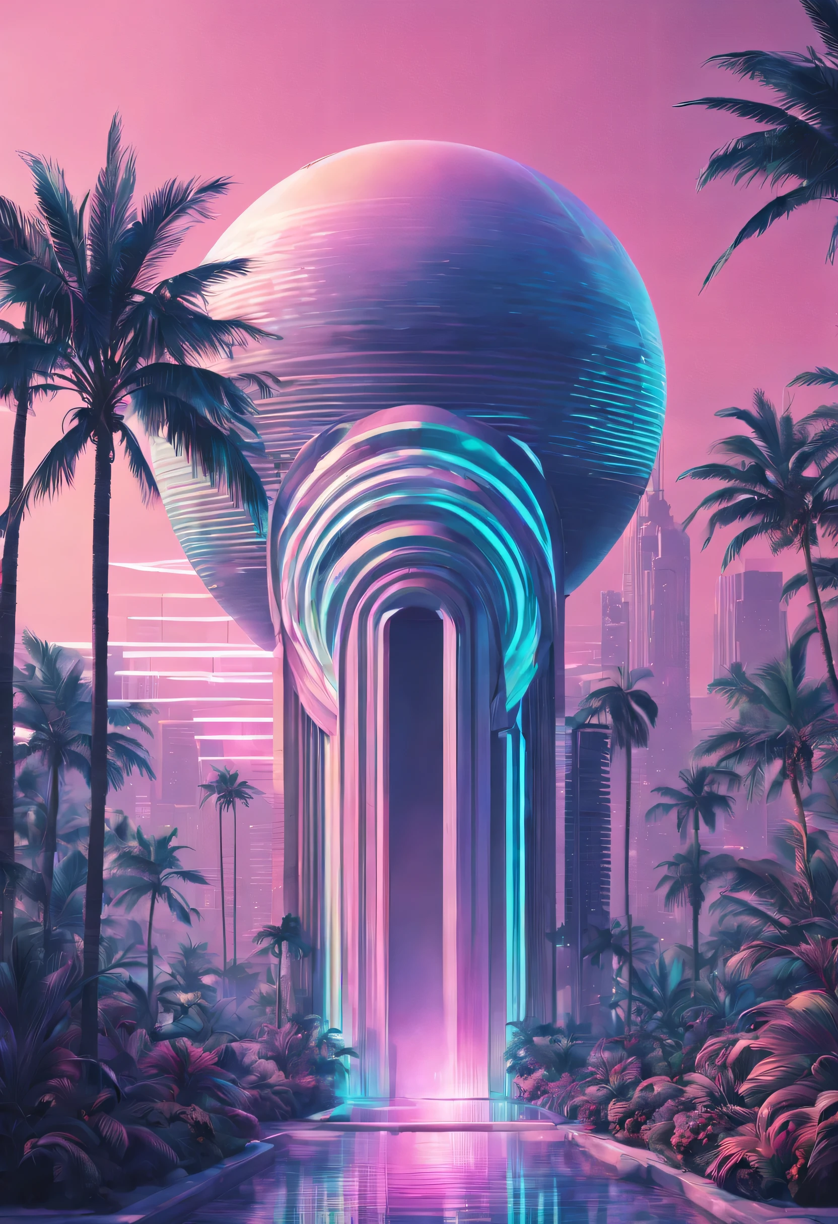 vaporwave aesthetics, psychedelic atmosphere, retro charm, dream nature, The splendor of Art Deco, Synthwave Palette, Soft neon glow, dreamlike surrealism, Soft focus cityscape, Geometric patterns, chrome decoration, 80s nostalgia, statuesque elegance, intricate line art, Marble texture, cybernetic plant, retro futuristic skyline, digital palm tree, Sunset refracted through prism gradient, Nostalgic VHS quality, floating geometric shapes, Ethereal synth soundtrack, virtual paradise, (best quality,4K,8k,high resolution,masterpiece:1.2), Super detailed, (actual,photoactual,photo-actual:1.37), (otherworldly beauty:1.1), holographic illusion, Visual echoes of a bygone era, (retro tech:1.1), (Luxurious decorative design:1.1), The past meets the future, (euphoric trance:1.1), Vaporwave Sculpture, digital flora, Light and light, (nostalgic euphoria:1.1), Vaporwave Fantasy, (elegant symmetry:1.1), soft neon spectrum