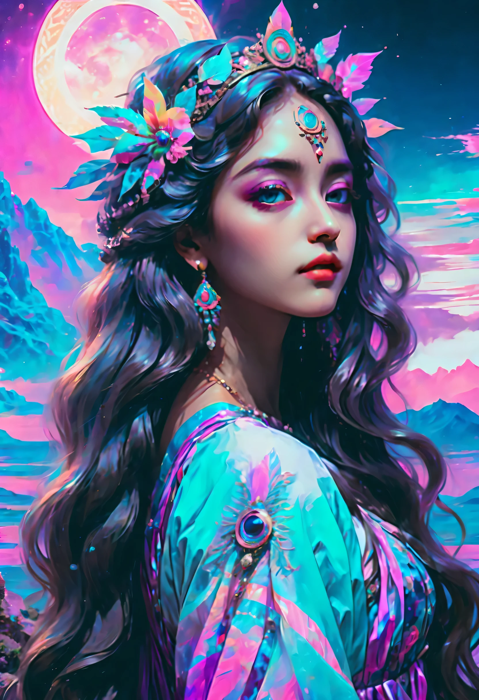 perfil da deusa, cabelo longo, Lindos olhos grandes, usar um vestido elaborado, Estilo estético Vaporwave, transe psicodélico, fundo estético vaporwave, Alta resolução,