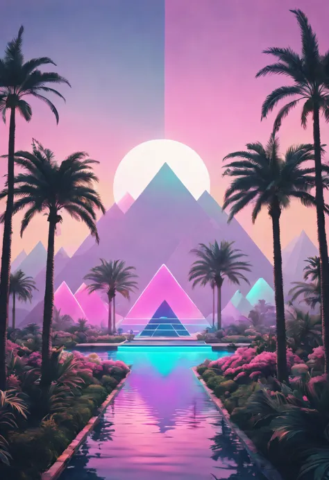 vaporwave aesthetics, psychedelic atmosphere, retro charm, dream nature, the splendor of art deco, synthwave palette, soft neon ...