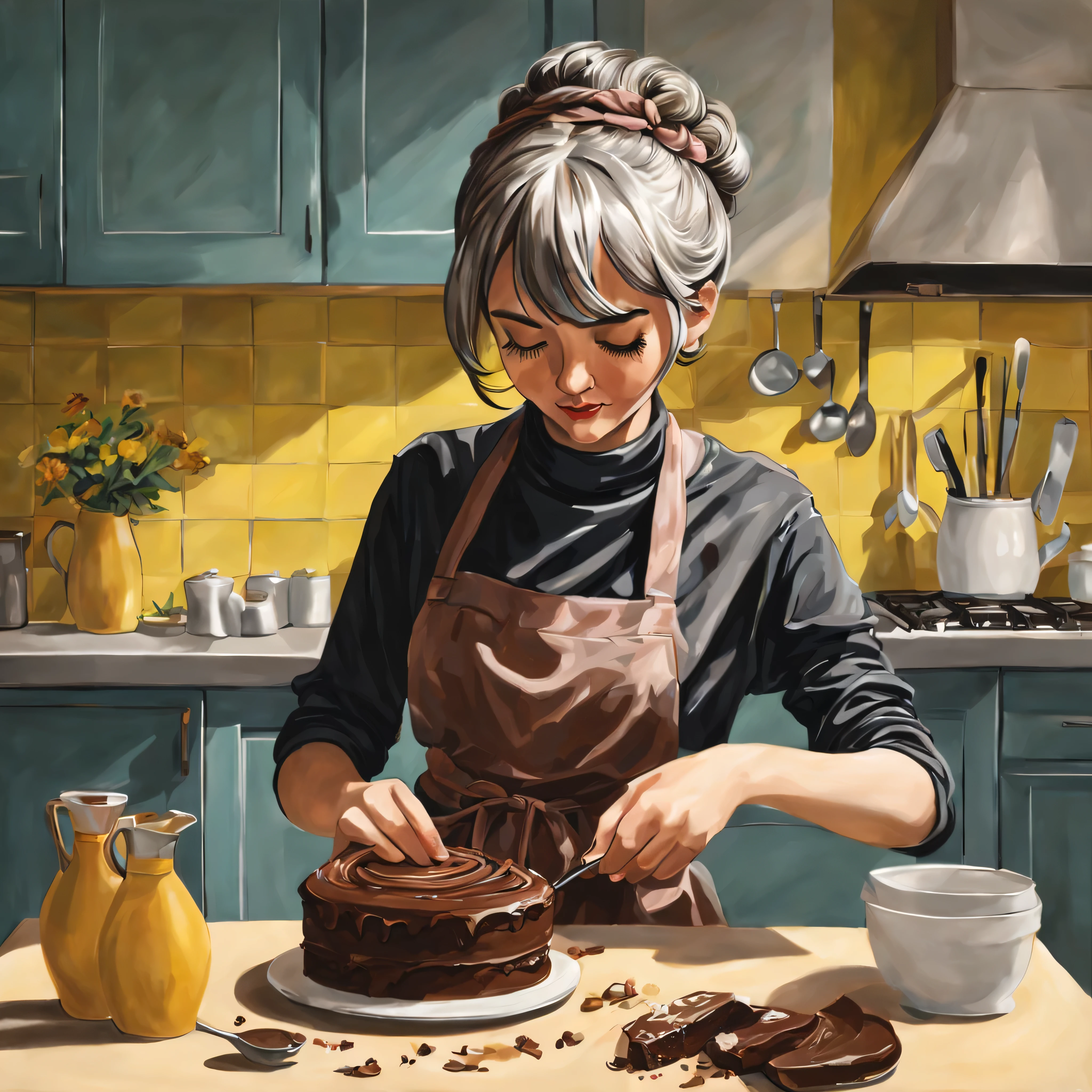 Girl making homemade chocolate cake in the kitchen, gray hair, bun hair, short hair, wavy hair, hair scarf, pop art, hyper realism, From the side, bloom, masterpiece, anatomically correct, Super detailed, high quality, advanced details