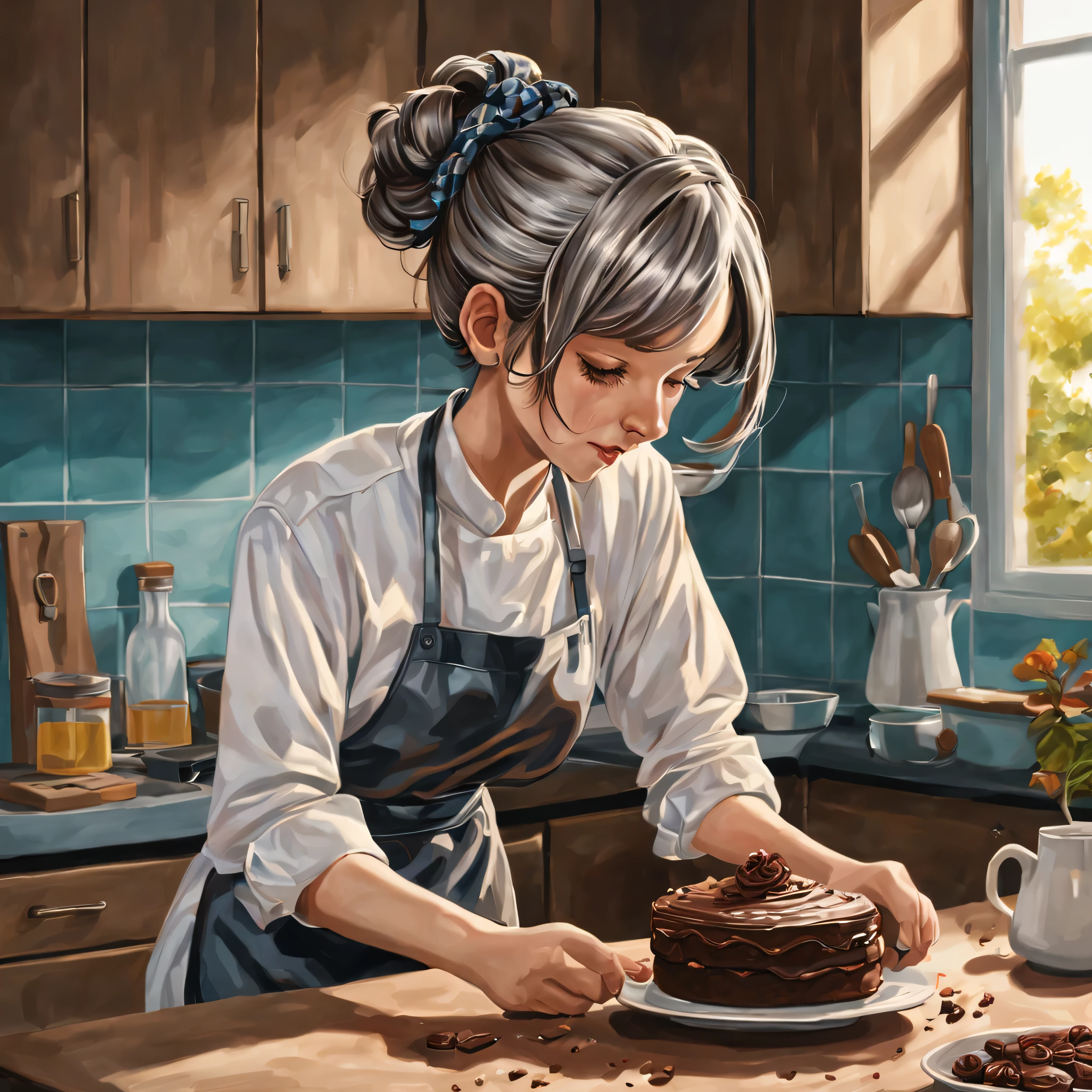 Chica haciendo pastel de chocolate casero en la cocina, pelo canoso, Pelo De Moño, cabello corto, pelo ondulado, pañuelo para el cabello, arte pop, hiperrealismo, Desde el lado, floración, obra maestra, anatómicamente correcto, Súper detallado, alta calidad, Detalles avanzados