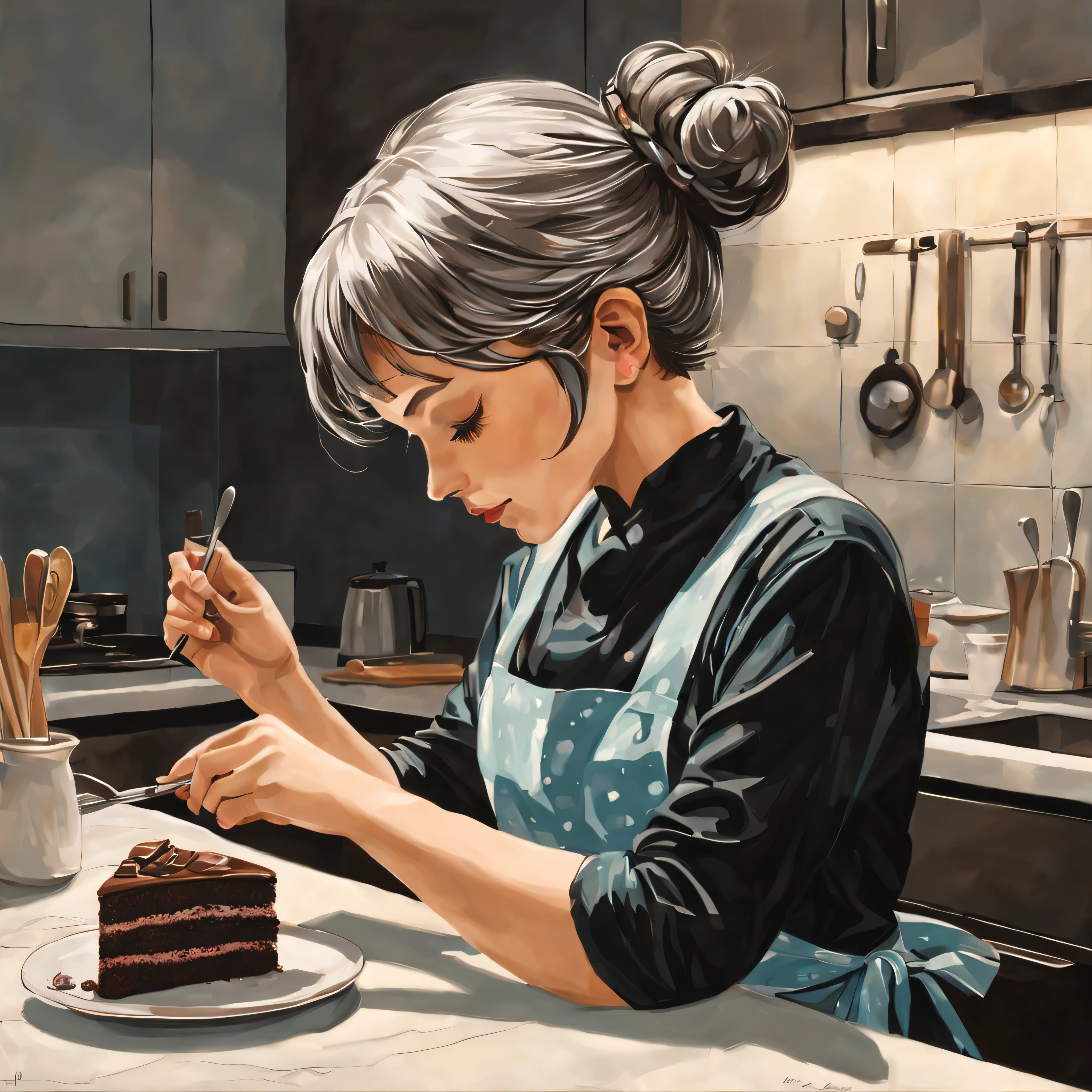 Fille faisant un gâteau au chocolat fait maison dans la cuisine, cheveux gris, chignon, Cheveux courts, cheveux ondulés, foulard pour cheveux, pop Art, hyper réalisme, Du côté, floraison, chef-d&#39;œuvre, Anatomiquement correct, Super détaillé, Haute qualité, détails avancés