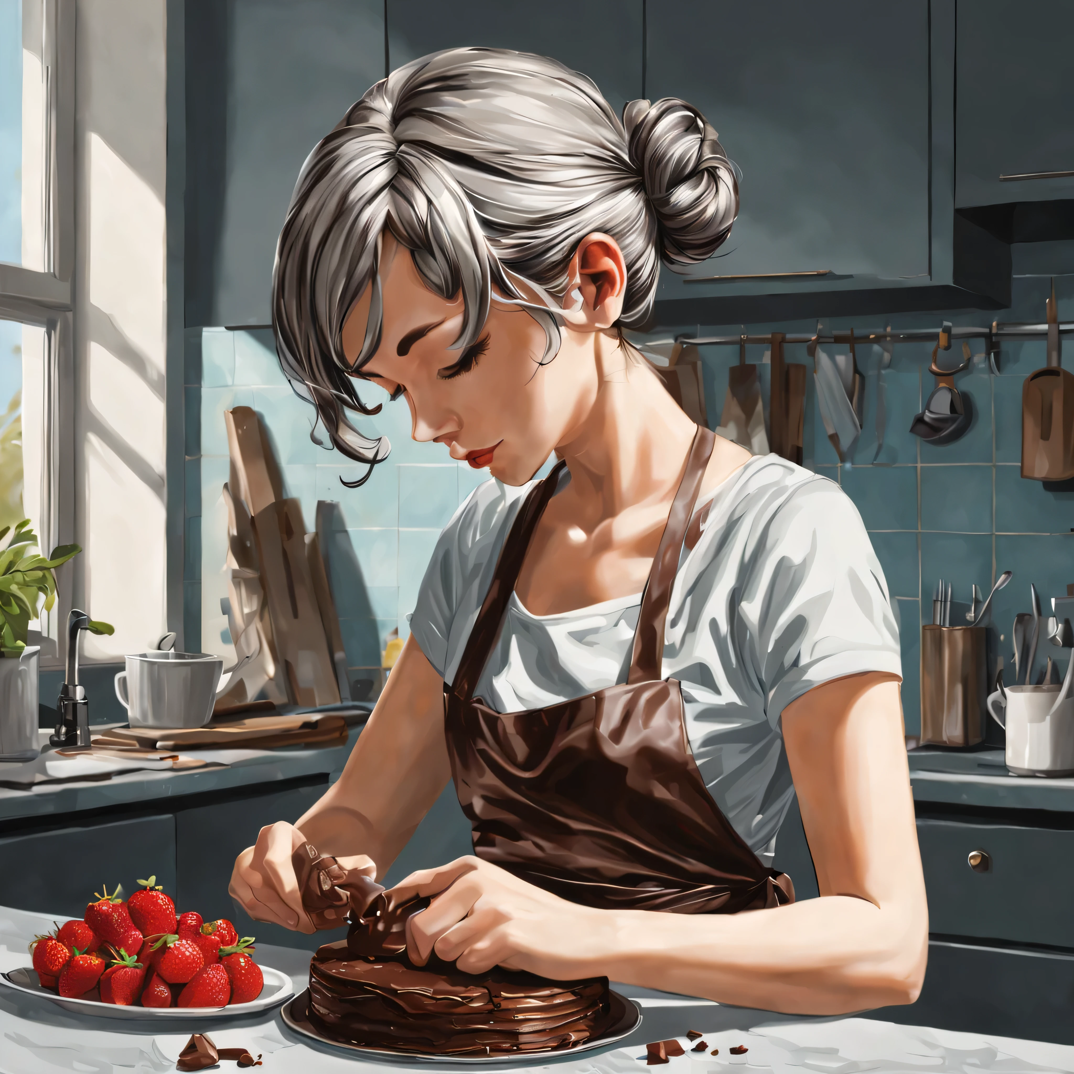 Girl making homemade chocolate cake in the kitchen, gray hair, bun hair, short hair, wavy hair, hair scarf, pop art, hyper realism, From the side, bloom, masterpiece, anatomically correct, Super detailed, high quality, advanced details