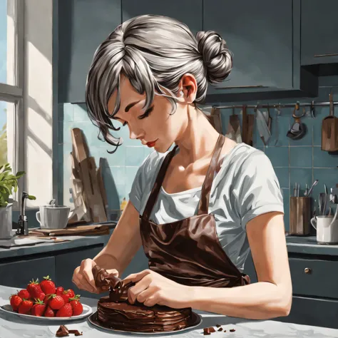 Girl making homemade chocolate cake in the kitchen, gray hair, bun hair, short hair, wavy hair, hair scarf, pop art, hyper reali...