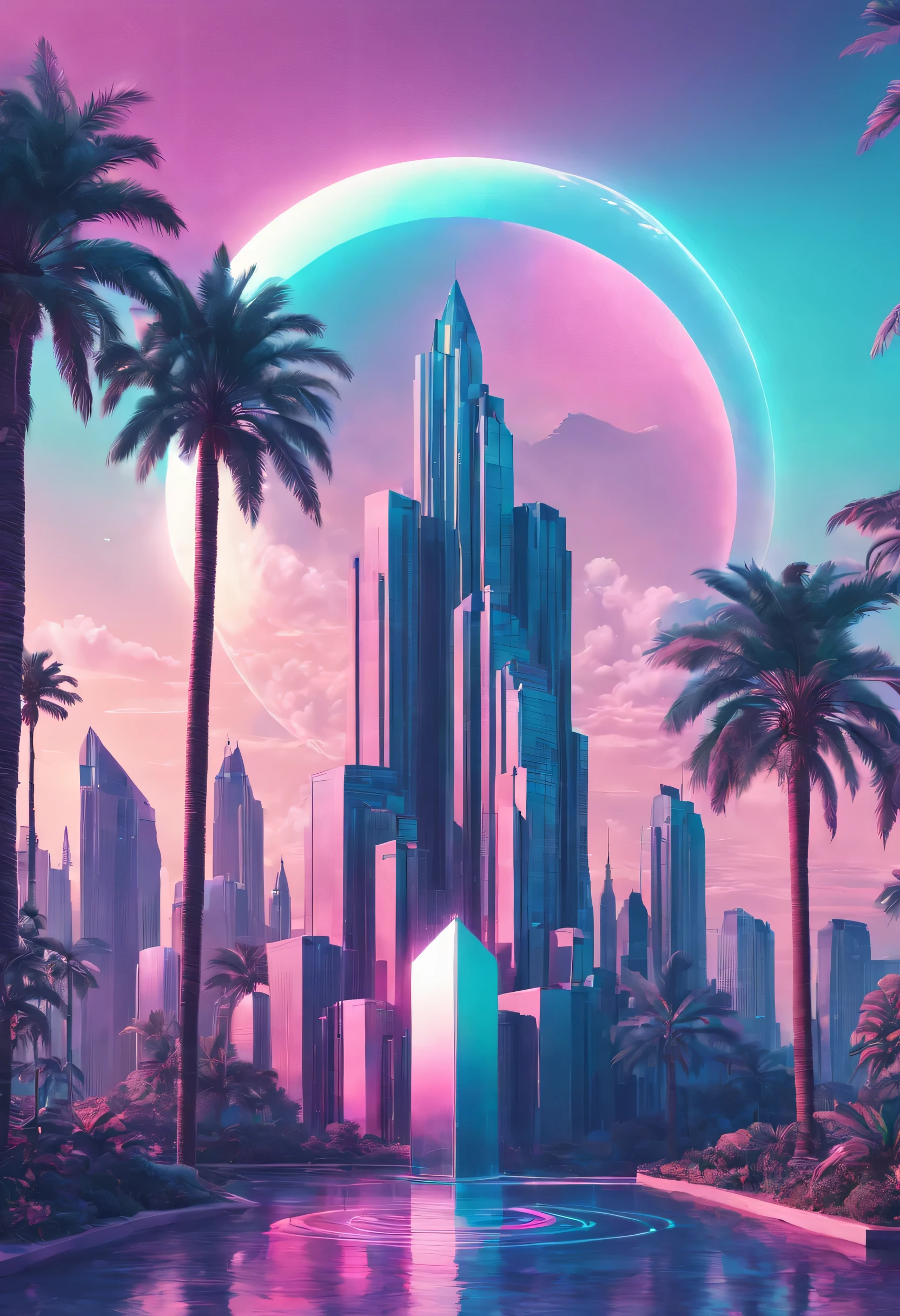 vaporwave aesthetics, psychedelic atmosphere, retro charm, dream nature, The splendor of Art Deco, Synthwave Palette, Soft neon glow, dreamlike surrealism, Soft focus cityscape, Geometric patterns, chrome decoration, 80s nostalgia, statuesque elegance, intricate line art, Marble texture, cybernetic plant, retro futuristic skyline, digital palm tree, Sunset refracted through prism gradient, Nostalgic VHS quality, floating geometric shapes, Ethereal synth soundtrack, virtual paradise, (best quality,4K,8k,high resolution,masterpiece:1.2), Super detailed, (actual,photoactual,photo-actual:1.37), (otherworldly beauty:1.1), holographic illusion, Visual echoes of a bygone era, (retro tech:1.1), (Luxurious decorative design:1.1), The past meets the future, (euphoric trance:1.1), Vaporwave Sculpture, digital flora, Light and light, (nostalgic euphoria:1.1), Vaporwave Fantasy, (elegant symmetry:1.1), soft neon spectrum