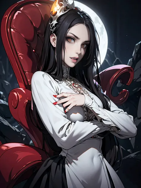 pale face, high vampire female, goth renaissance, black hair, white dress, intricate, glowing eyes, fantastical, vampire, fangs,...