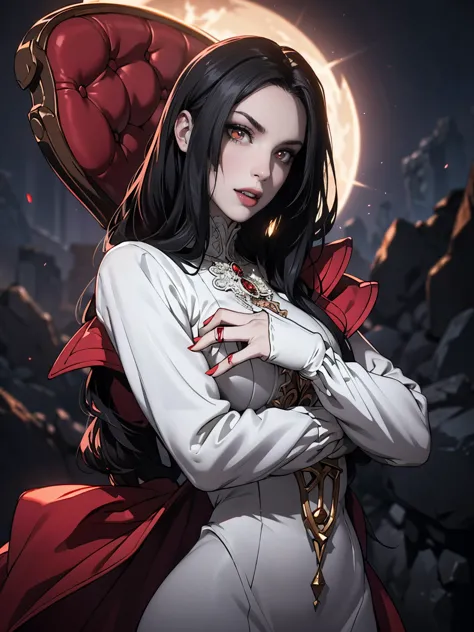 Pale face, High vampire female, goth Renaissance, Black hair, White dress, intricate, glowing eyes, fantastical, vampire, fangs,...