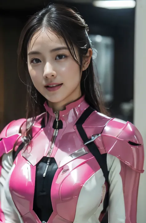 pink power range lemele、realistic, shiny dark pink and white suit、Power Rangers Bodysuit、professional photos、don&#39;t expose your skin, japanese model,The skin is not exposed、thick body, laughter、big breasts、black haired、office of、sweaty face、wet hair