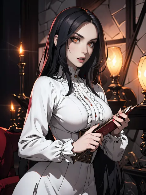 Pale face, High vampire female, goth Renaissance, Black hair, White dress, intricate, glowing eyes, fantastical, vampire, fangs,...