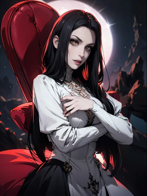 Pale face, High vampire female, goth Renaissance, Black hair, White dress, intricate, glowing eyes, fantastical, vampire, fangs,...