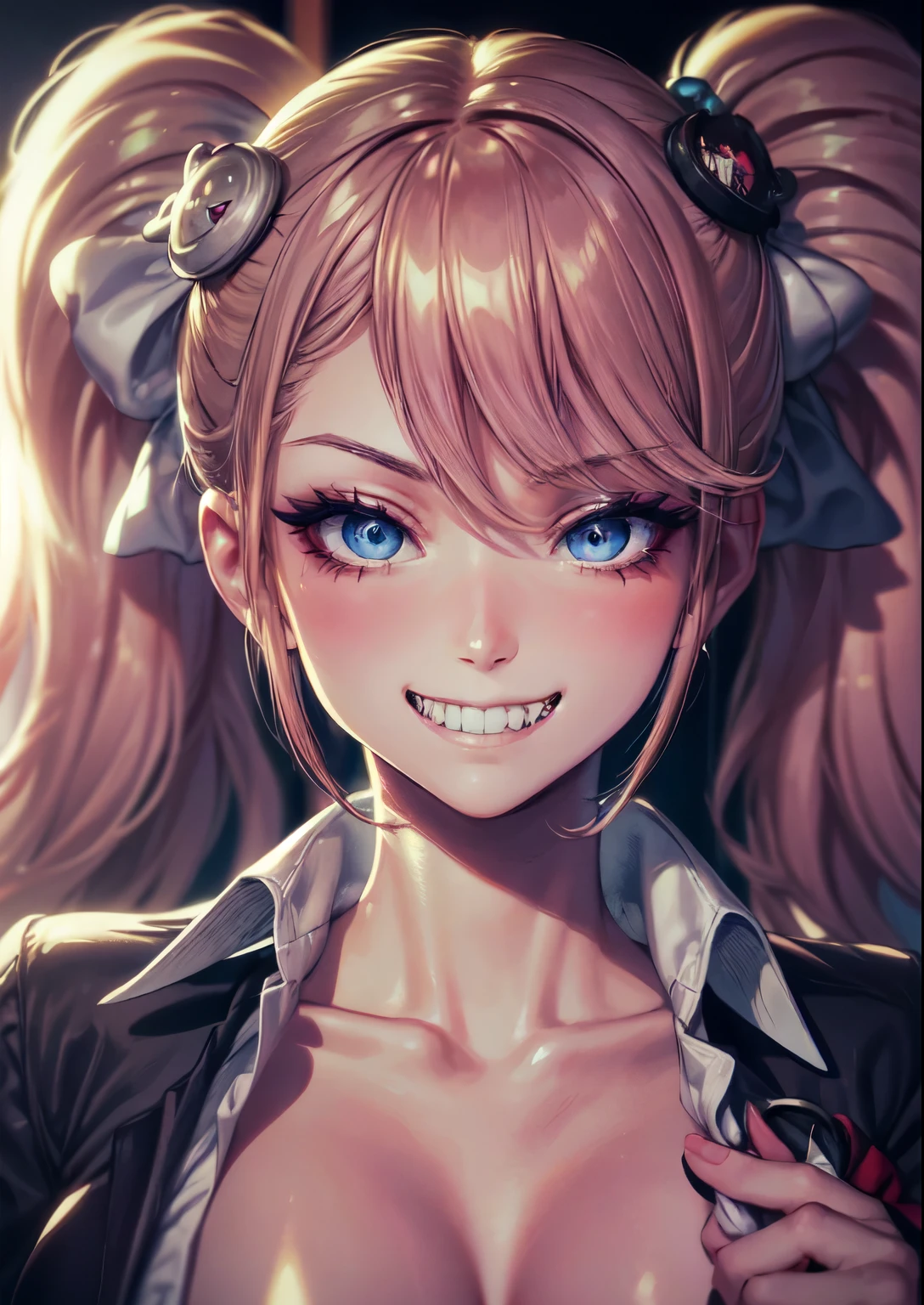 4k, twin tails ,Lens flare, pink hair ,mascara, eyeliner, god rays, 4k, 8k, best quality, masterpiece, hyper detailed, intricate detail, 1girl, solo, detailed, Detailed fuschia hair ++, detailed pink eyes ++,  raytracing, perfect shadow, highres, enhanced eyes,  huge breasts, horns, evil grin, fangs, face closeup, face close up, sparkles, extremely detailed eyes, ombre eyes