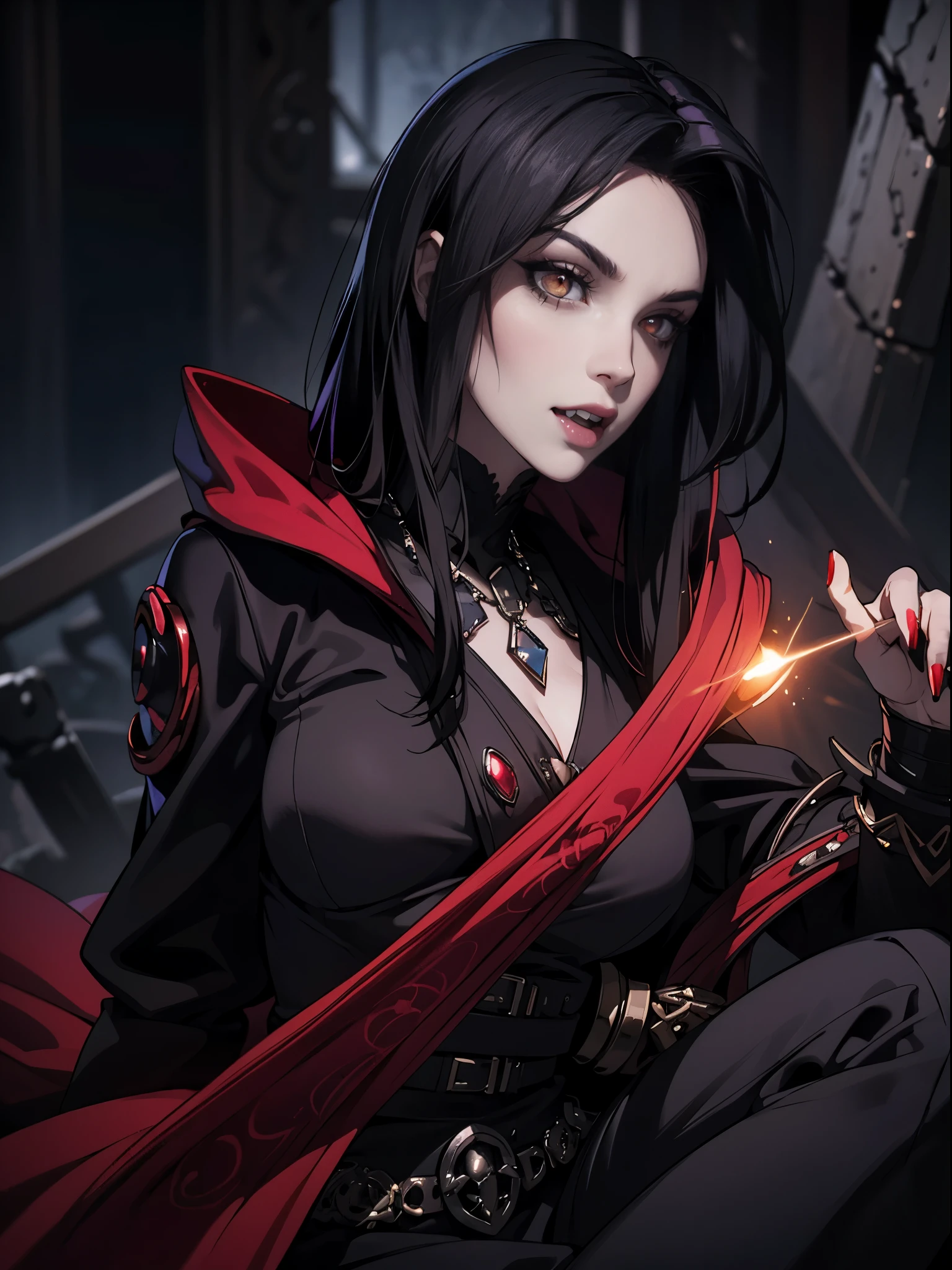 Pale face, High vampire female, goth Renaissance, Black hair, black dress, intricate, glowing eyes, fantastical, vampire, fangs, hyper detailed, 32k resolution, volumetric lighting, hyper detailed, intricately detailed, Unreal Engine 5, volumetric lighting