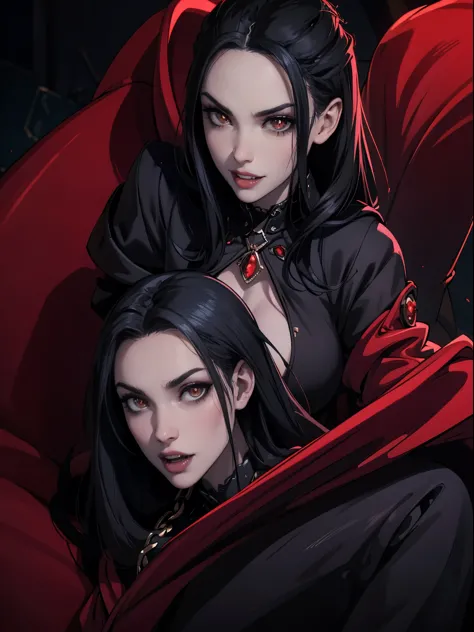 Pale face, High vampire female, goth Renaissance, Black hair, black dress, intricate, glowing eyes, fantastical, vampire, fangs,...