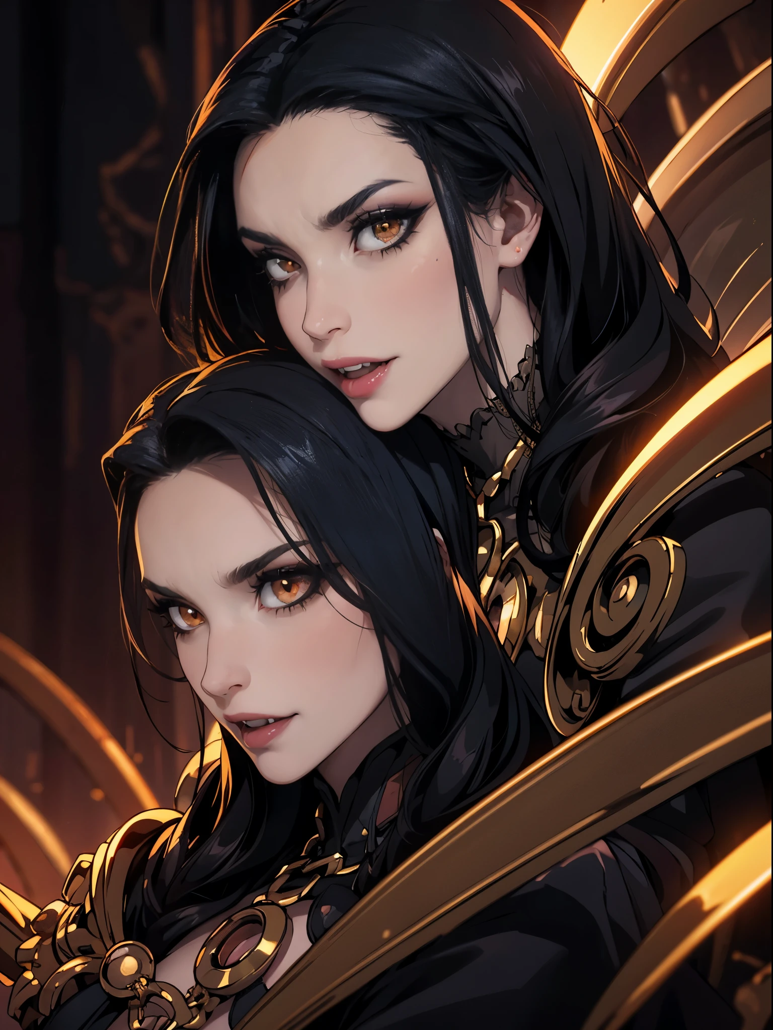 Pale face, High vampire female, goth Renaissance, Black hair, gold dress, intricate, glowing eyes, fantastical, vampire, fangs, hyper detailed, 32k resolution, volumetric lighting, hyper detailed, intricately detailed, Unreal Engine 5, volumetric lighting